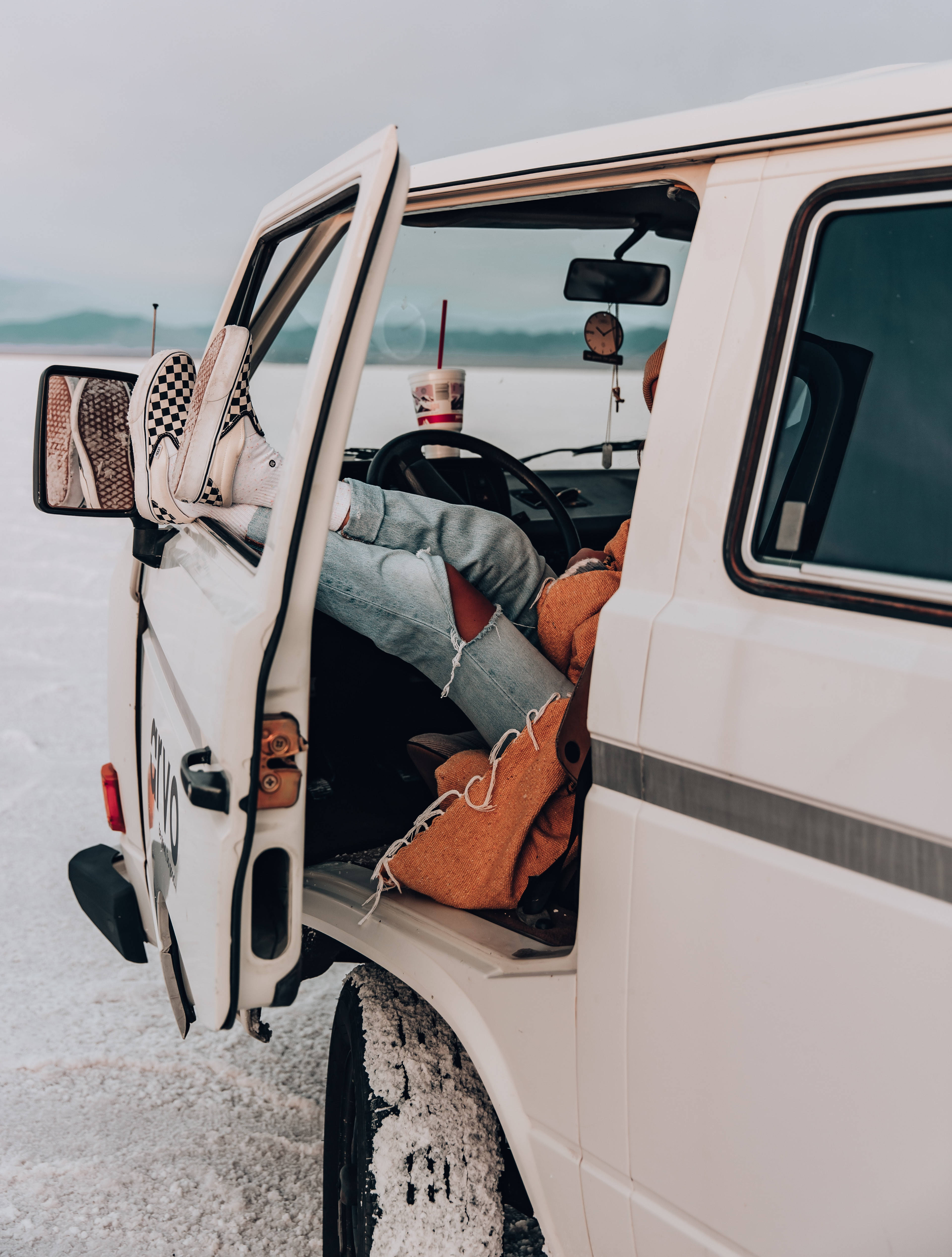 Vans, white van, salt flat, 4K Phone Wallpaper