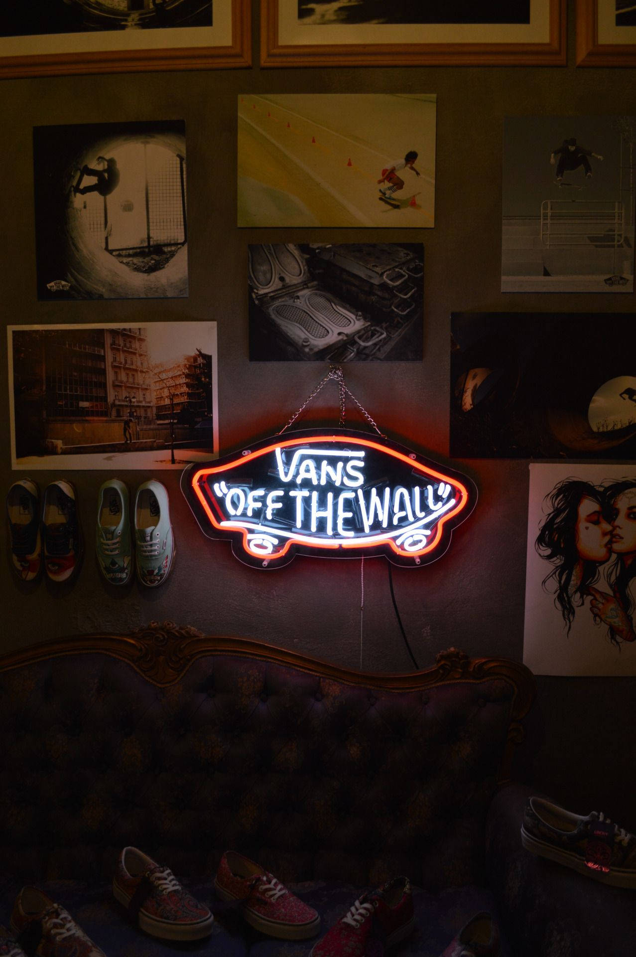 Vans, neon sign, skateboard, Full HD Phone Wallpaper