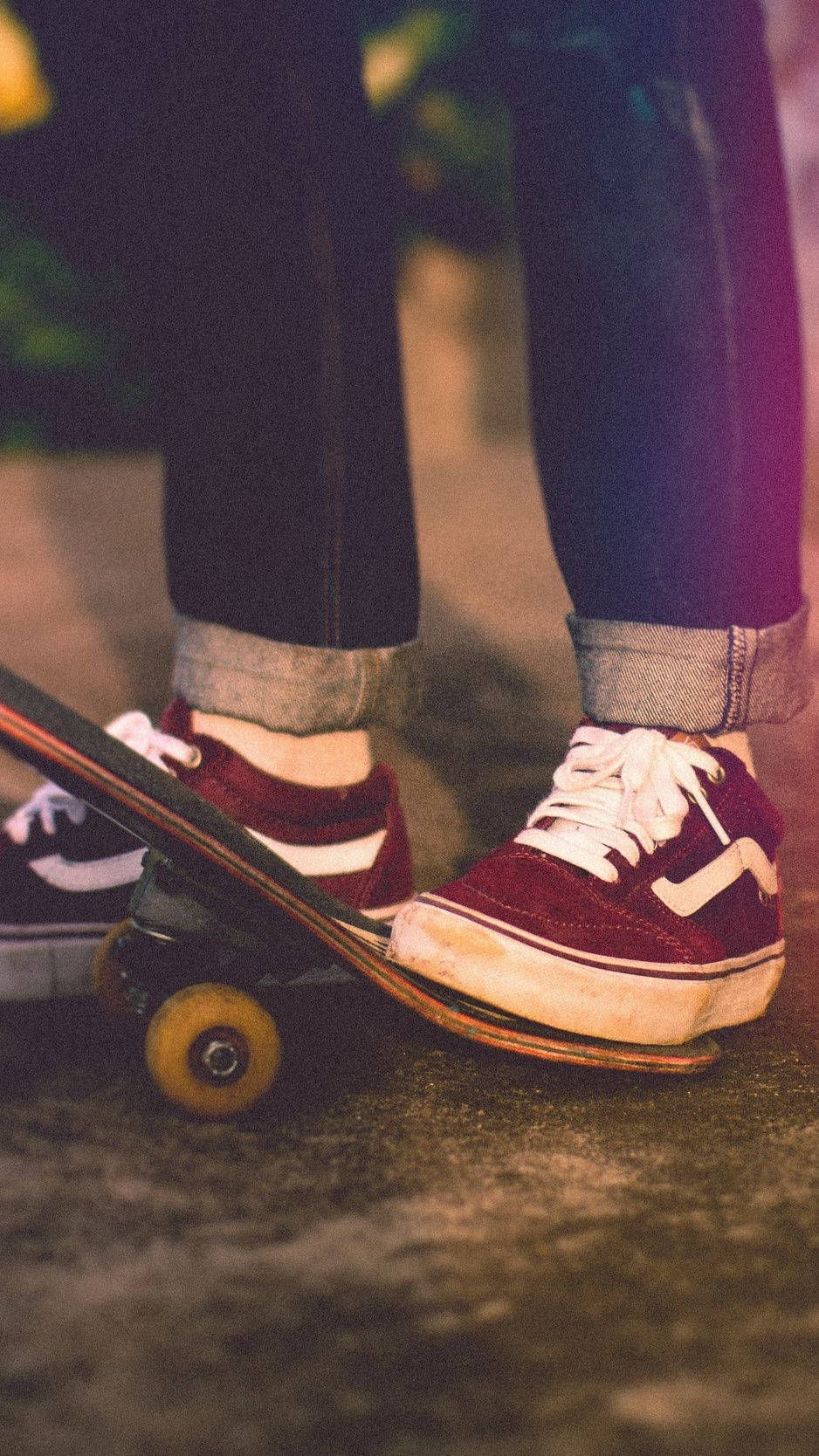 maroon Vans shoes, skateboard, yellow wheels, HD Phone Wallpaper