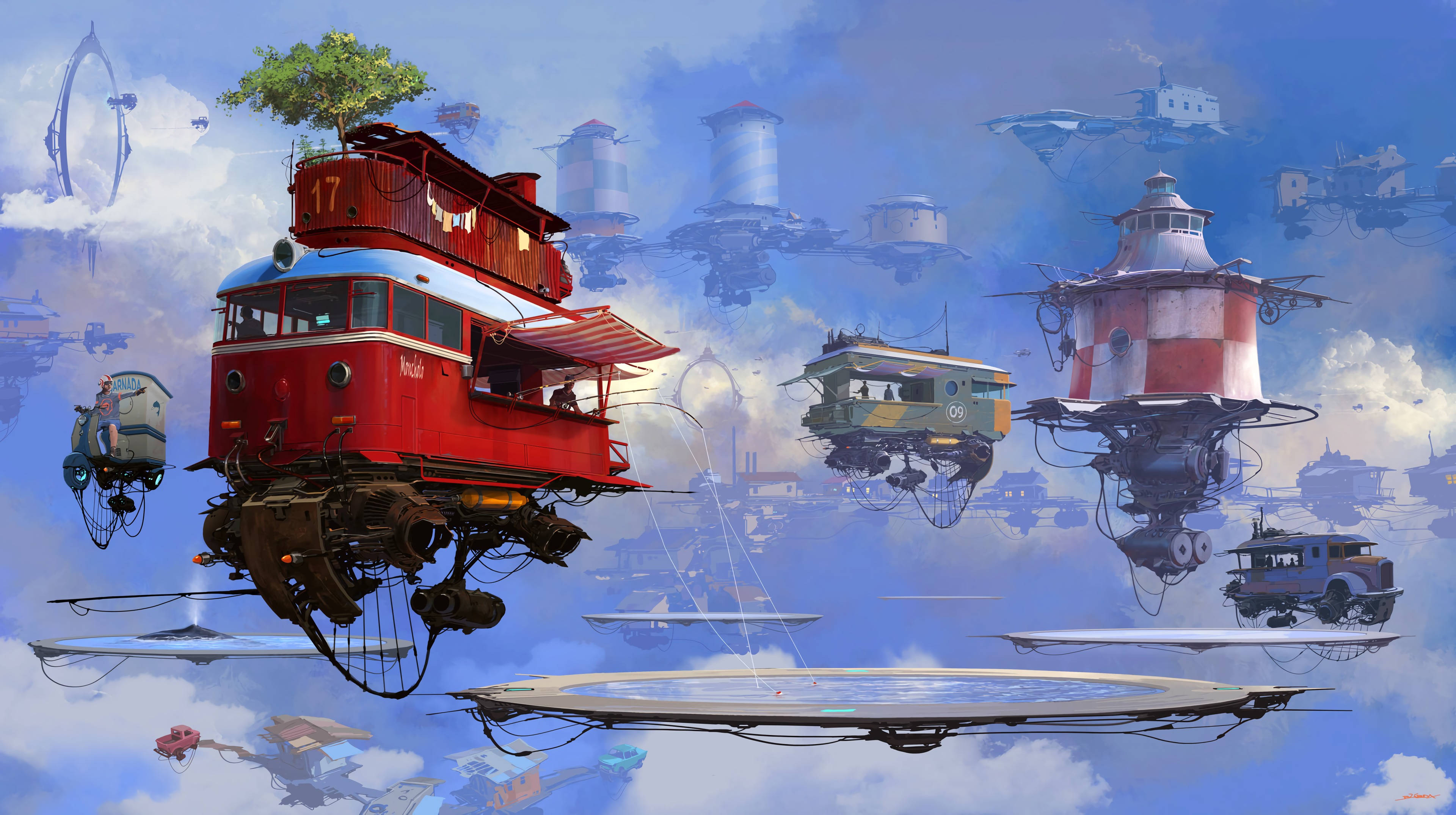 Vans, floating vintage vehicles, suspended buildings, 4K Desktop Wallpaper