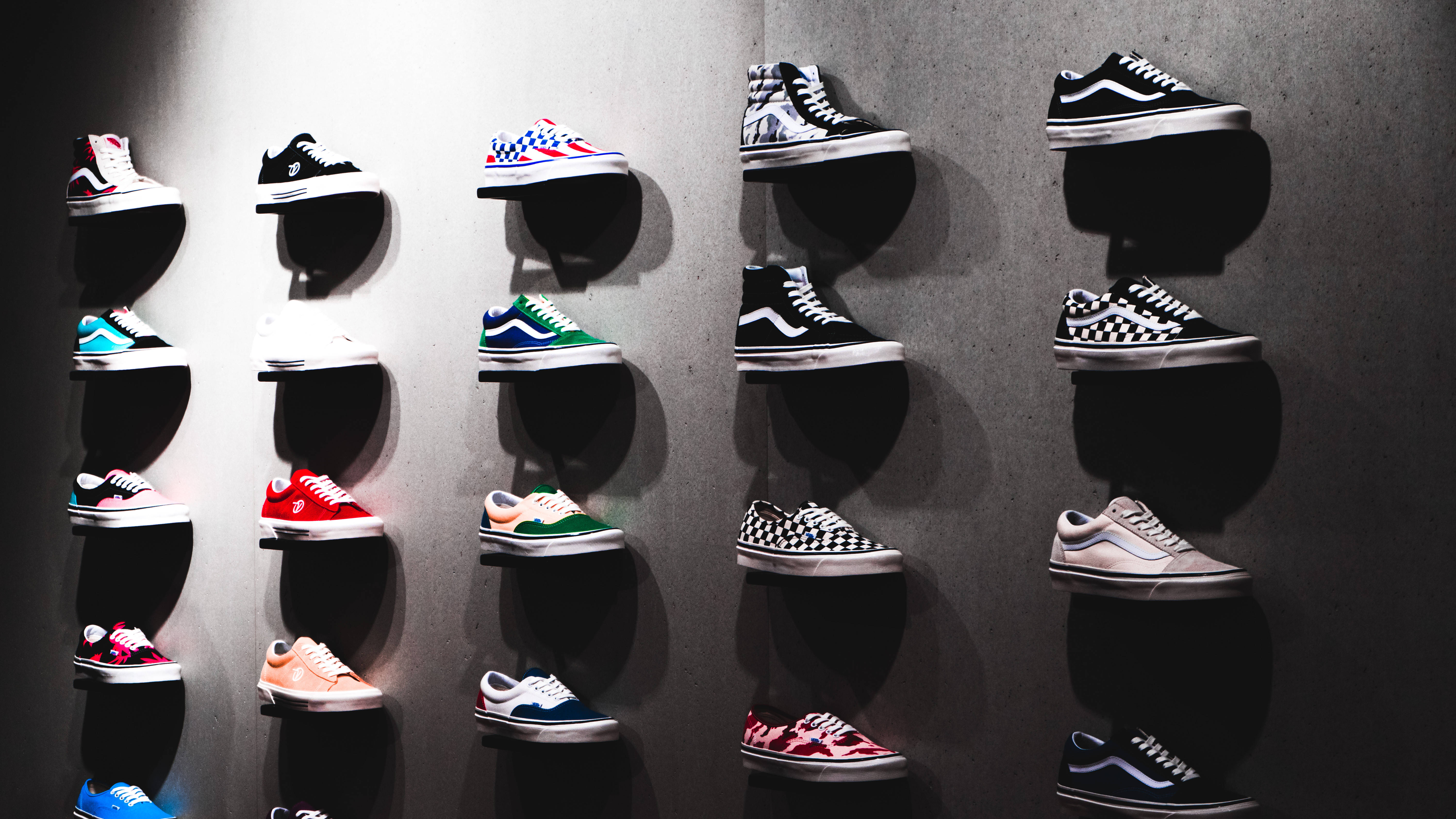 Vans, floating shelves, textured gray wall, 5K Desktop Wallpaper