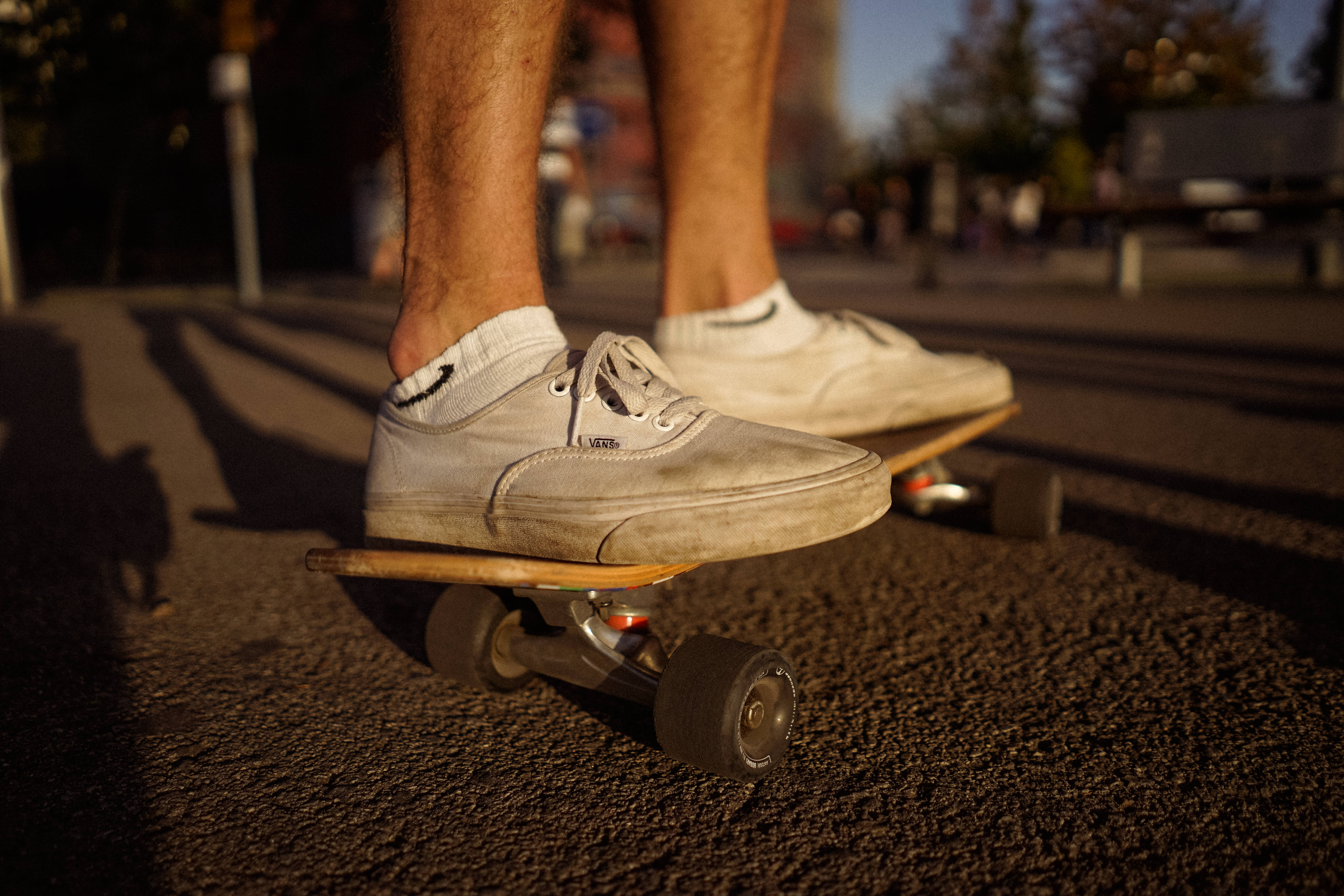 white sneakers, skateboard, asphalt, 5K Desktop Wallpaper