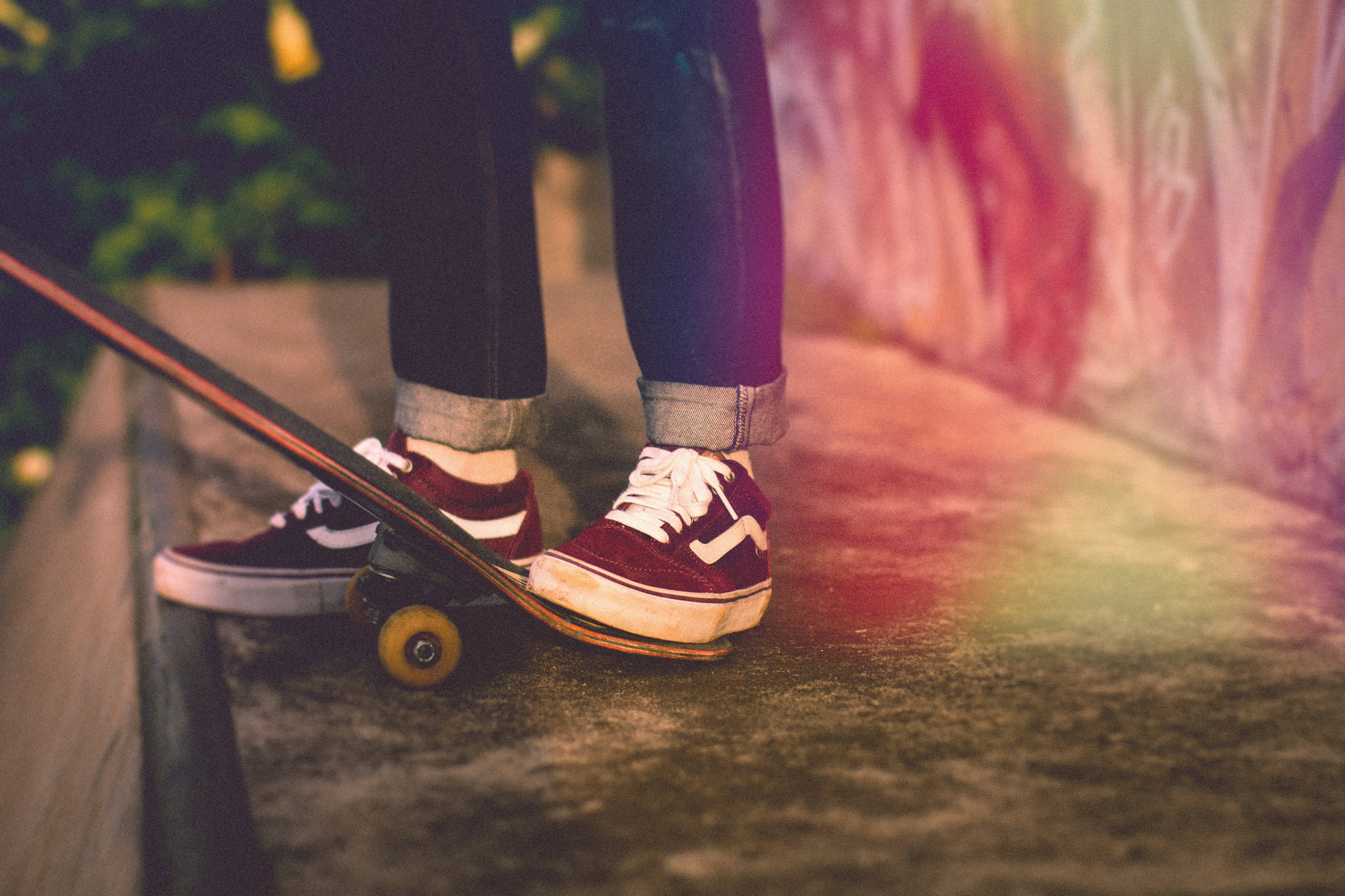 Red Vans, skateboard, graffiti wall, 5K Desktop Wallpaper