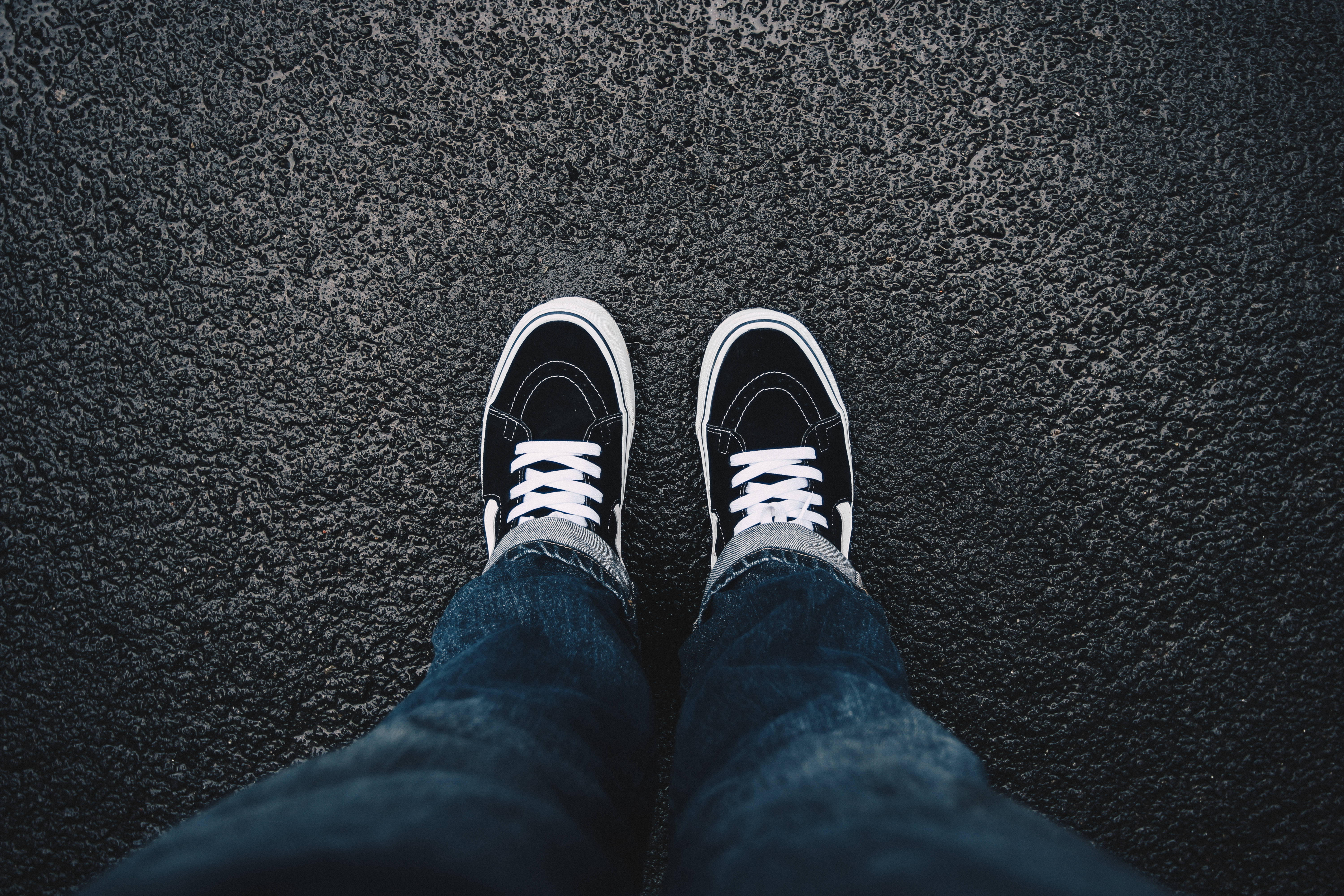 black sneakers, white laces, textured asphalt, 5K Desktop Wallpaper