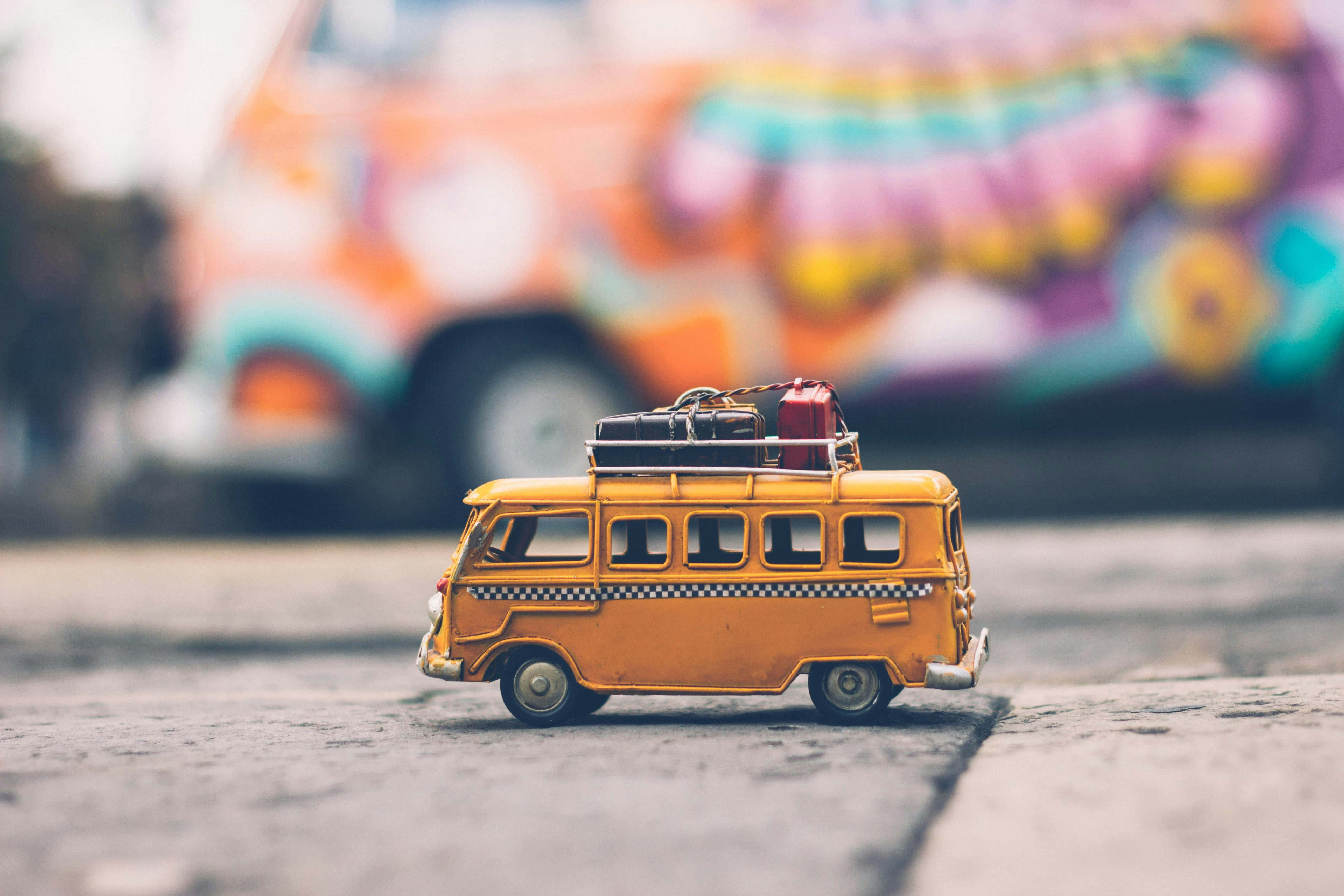 miniature yellow vintage van, luggage on roof, pavement, 5K Desktop Wallpaper
