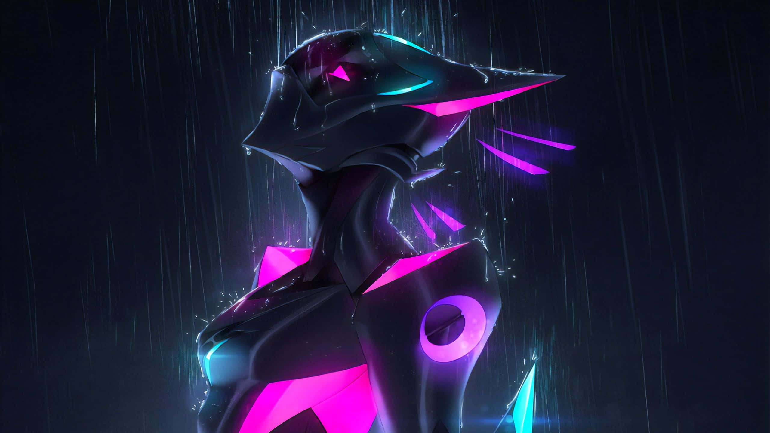 Vantablack, cybernetic figure, glowing pink and cyan accents, 2K Desktop Wallpaper