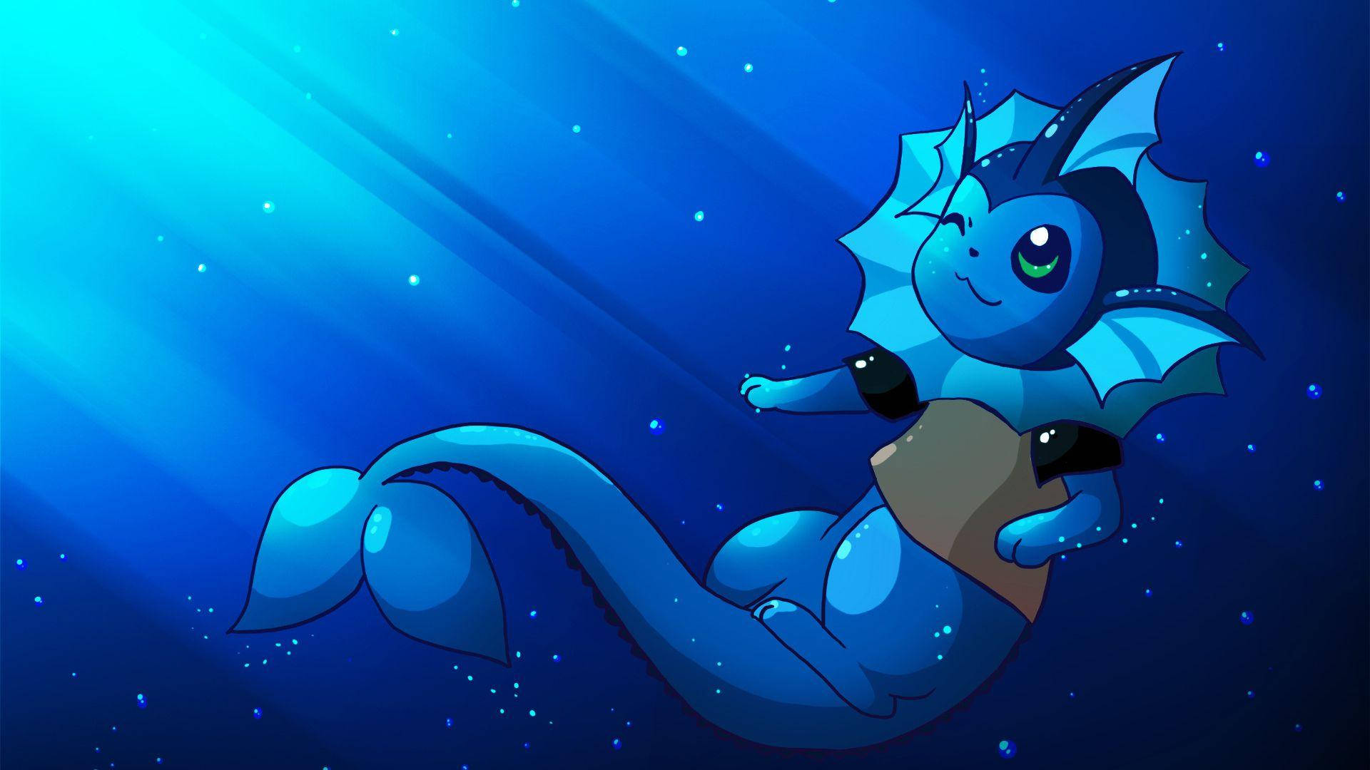 Vaporeon, blue cartoon mermaid, flowing tail, Full HD Desktop Wallpaper