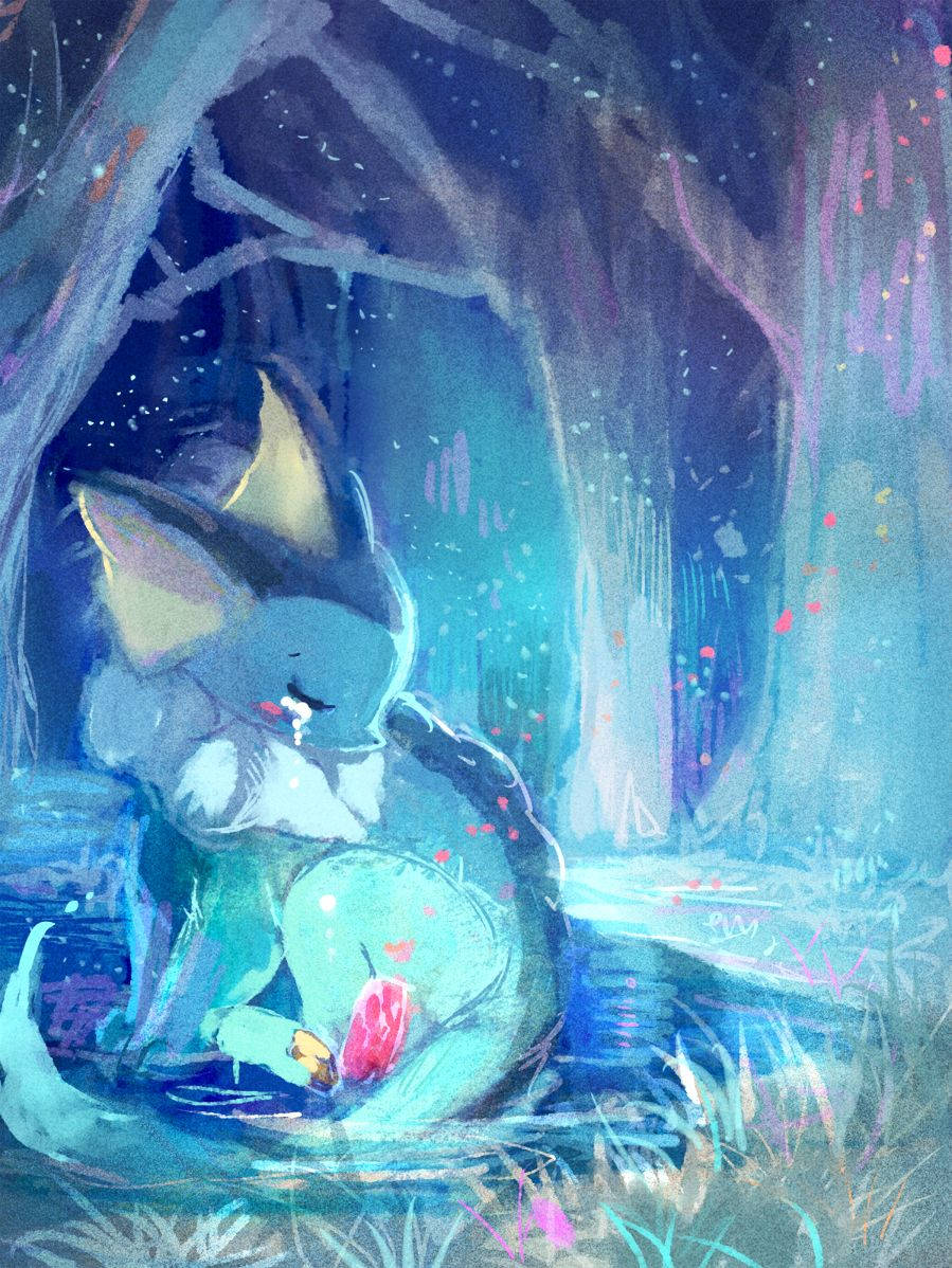 Vaporeon, glowing forest glen, starry twilight skies, SD Phone Wallpaper