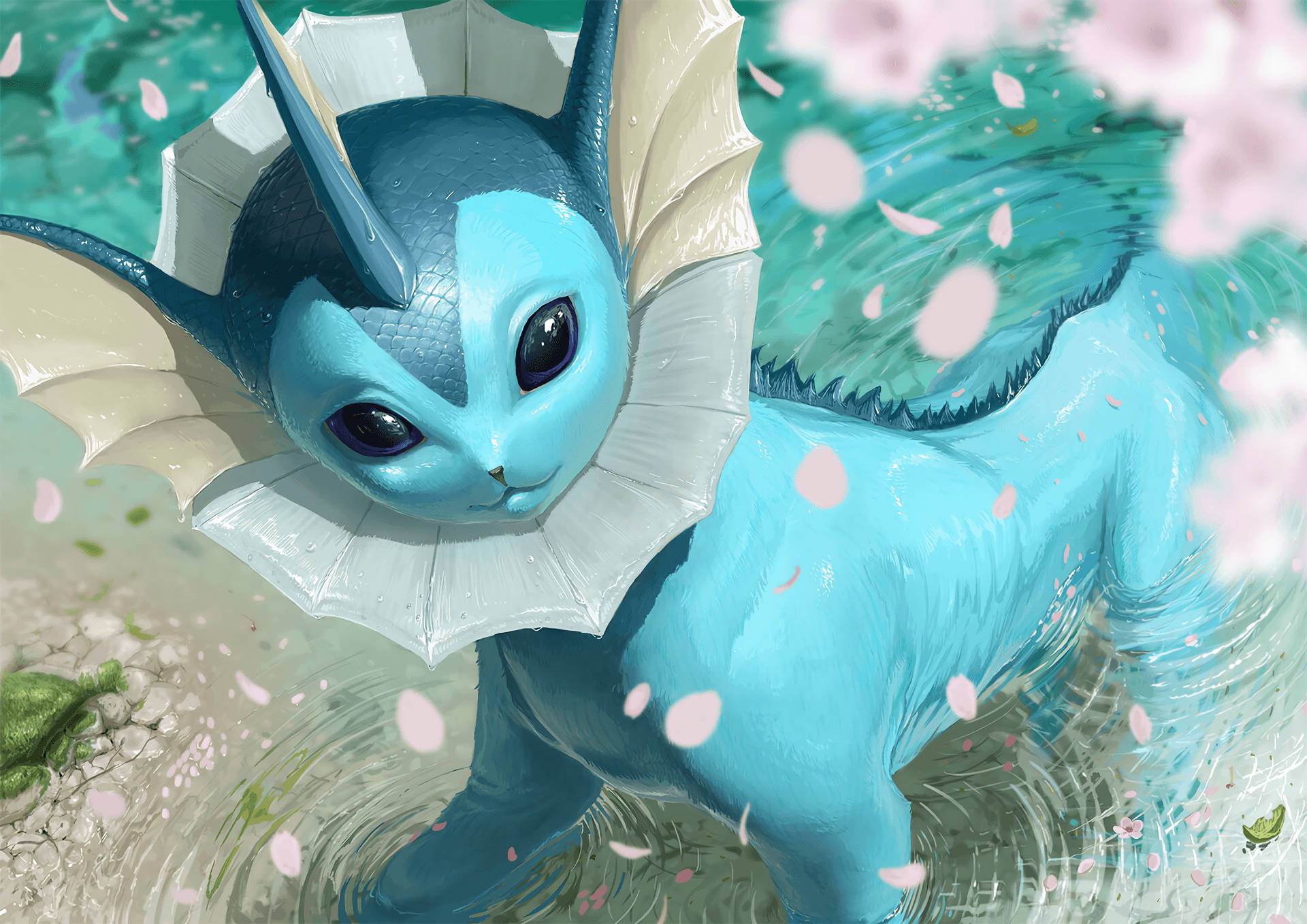 Vaporeon, cherry blossoms, blue aquatic creature, Full HD Desktop Wallpaper