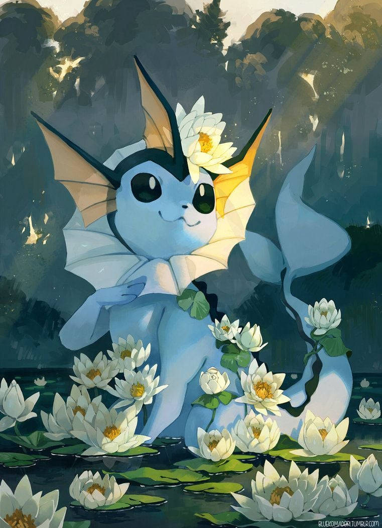Vaporeon, blue water-type Pokémon, white lily, SD Phone Wallpaper