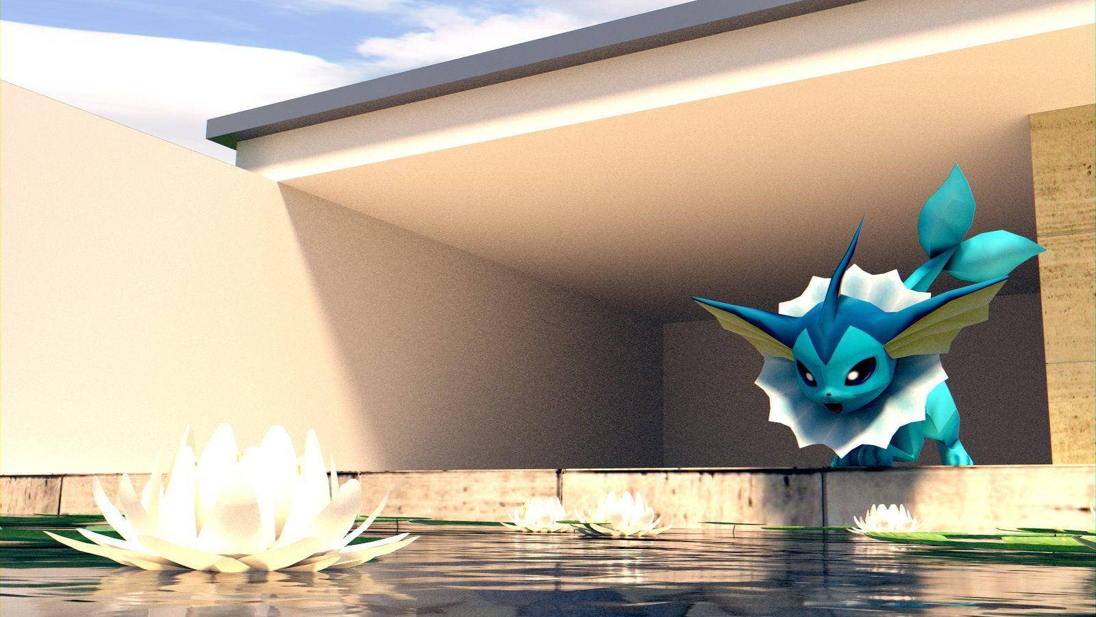Vaporeon, water lily, blue and white, HD Desktop Wallpaper