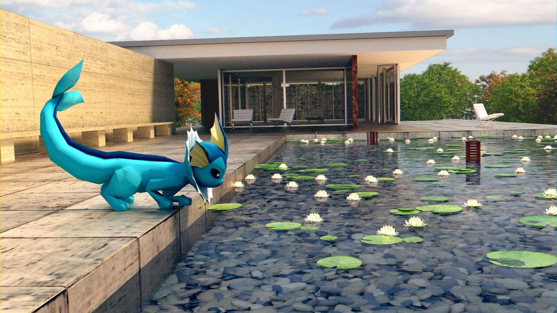 Vaporeon, pond, lily pads, Full HD Desktop Wallpaper