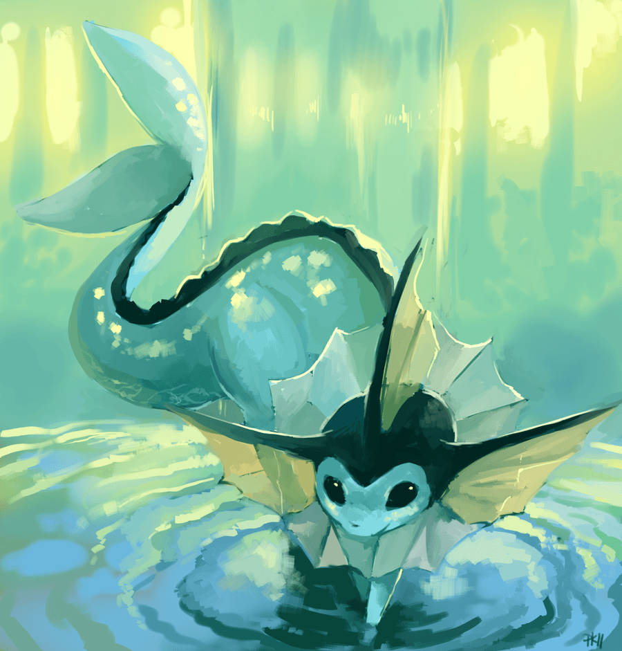 Vaporeon, glowing turquoise water, soft yellow light, SD Phone Wallpaper