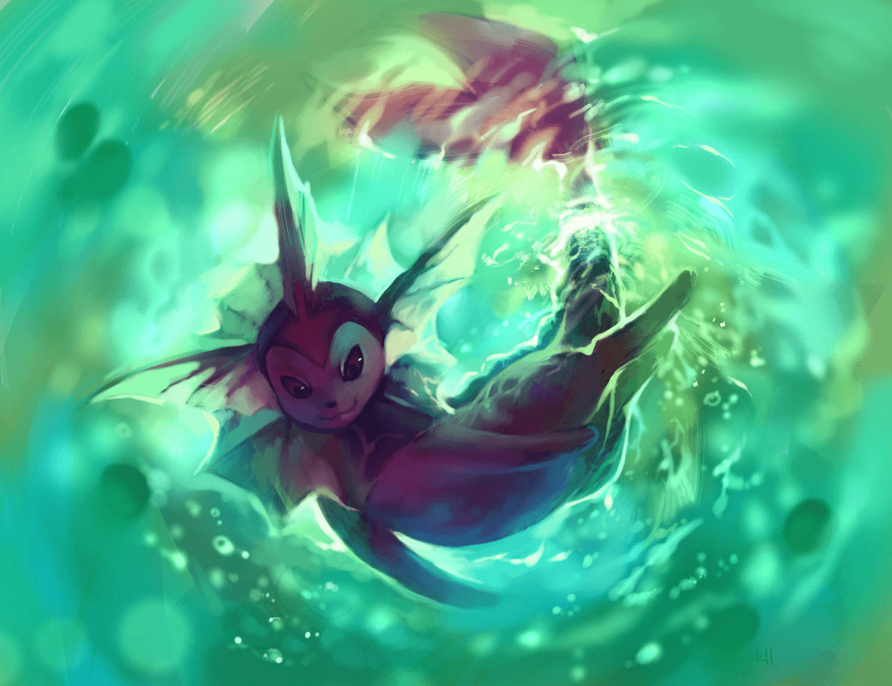 Vaporeon, green water, swirling green energy vortex, HD Desktop Wallpaper
