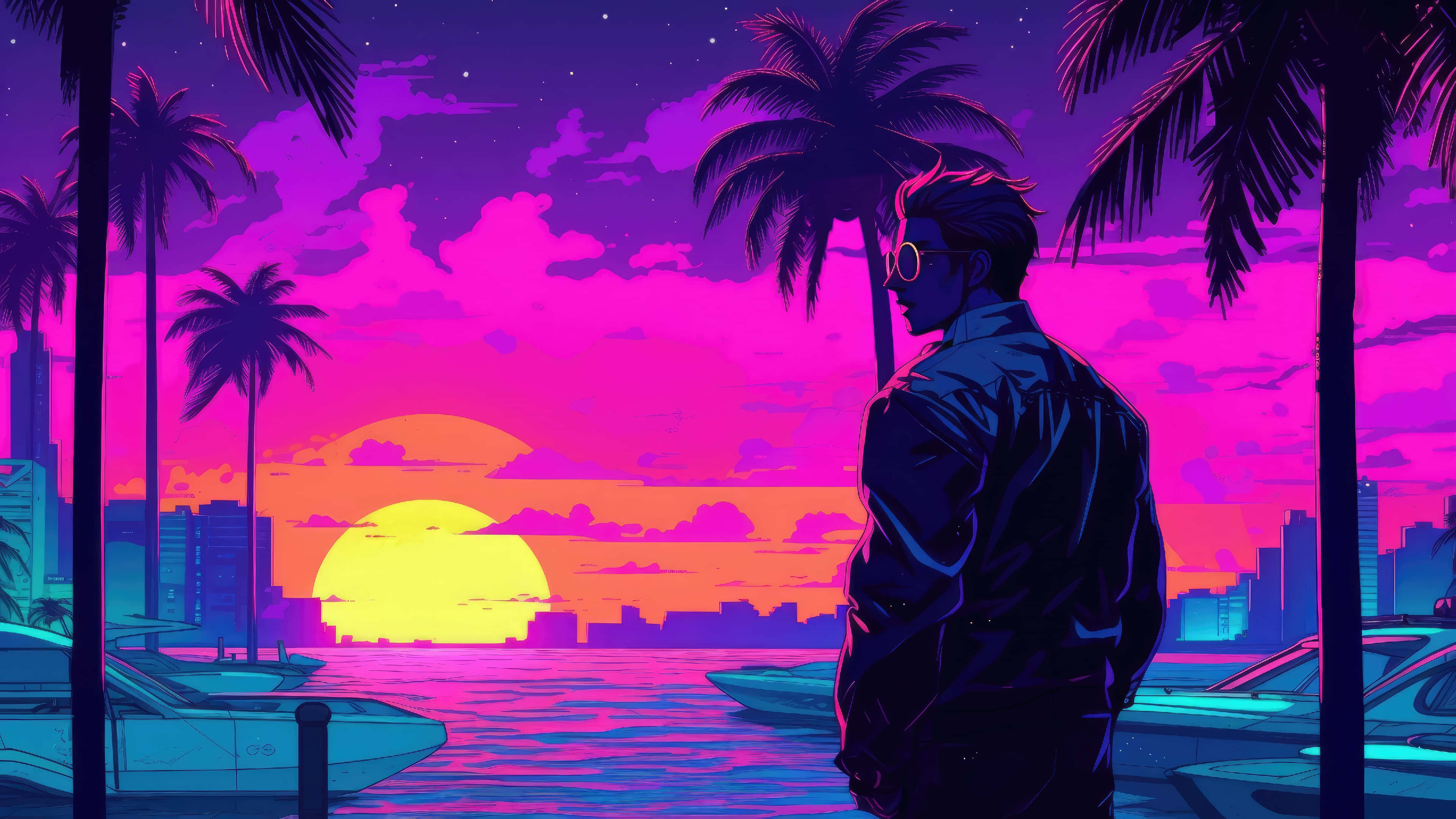 Vaporwave Sunset Marina4K UHD, neon sunset, palm trees, 4K Desktop Wallpaper