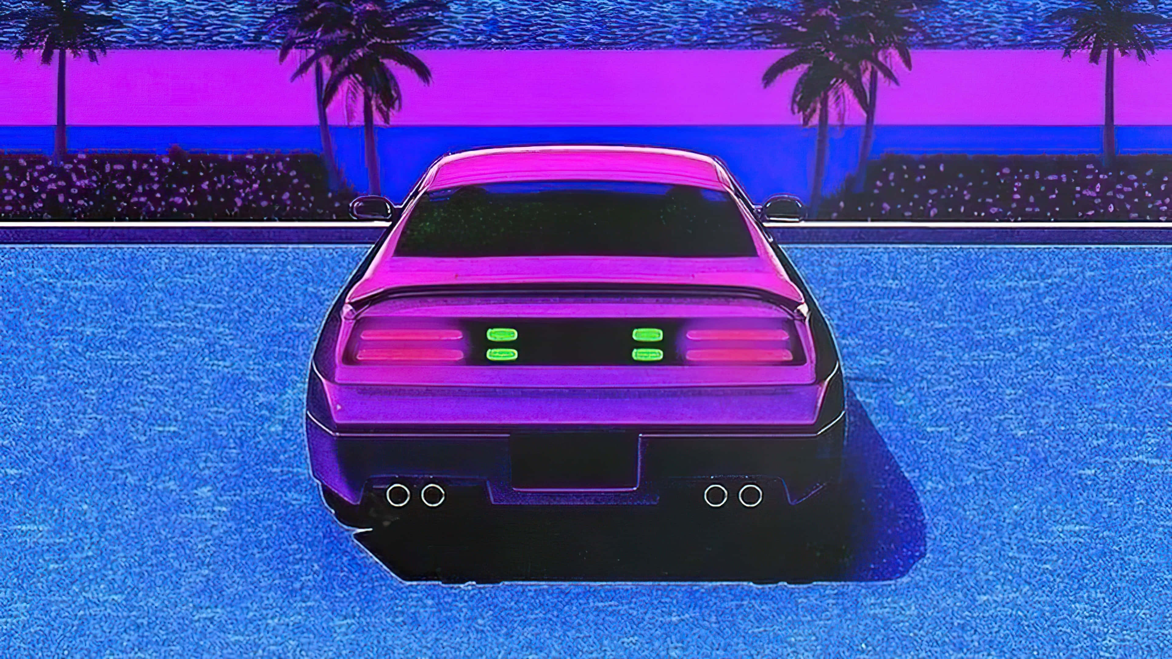 vaporwave, retro-futuristic purple car, glowing green taillights, 4K Desktop Wallpaper
