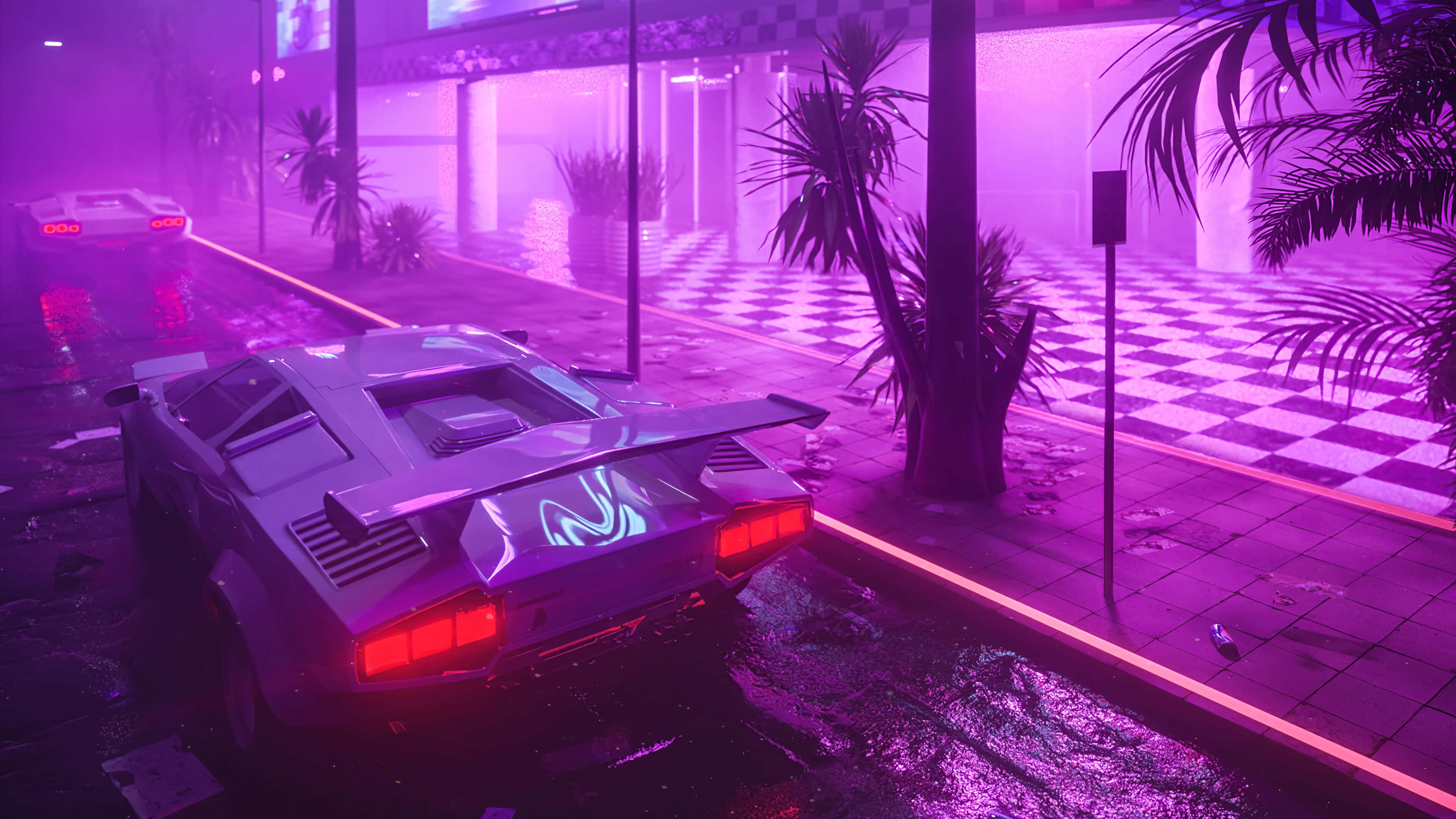 Vaporwave Retro Futurism4 K U H D, neon lights, rainy cyberpunk street, 4K Desktop Wallpaper