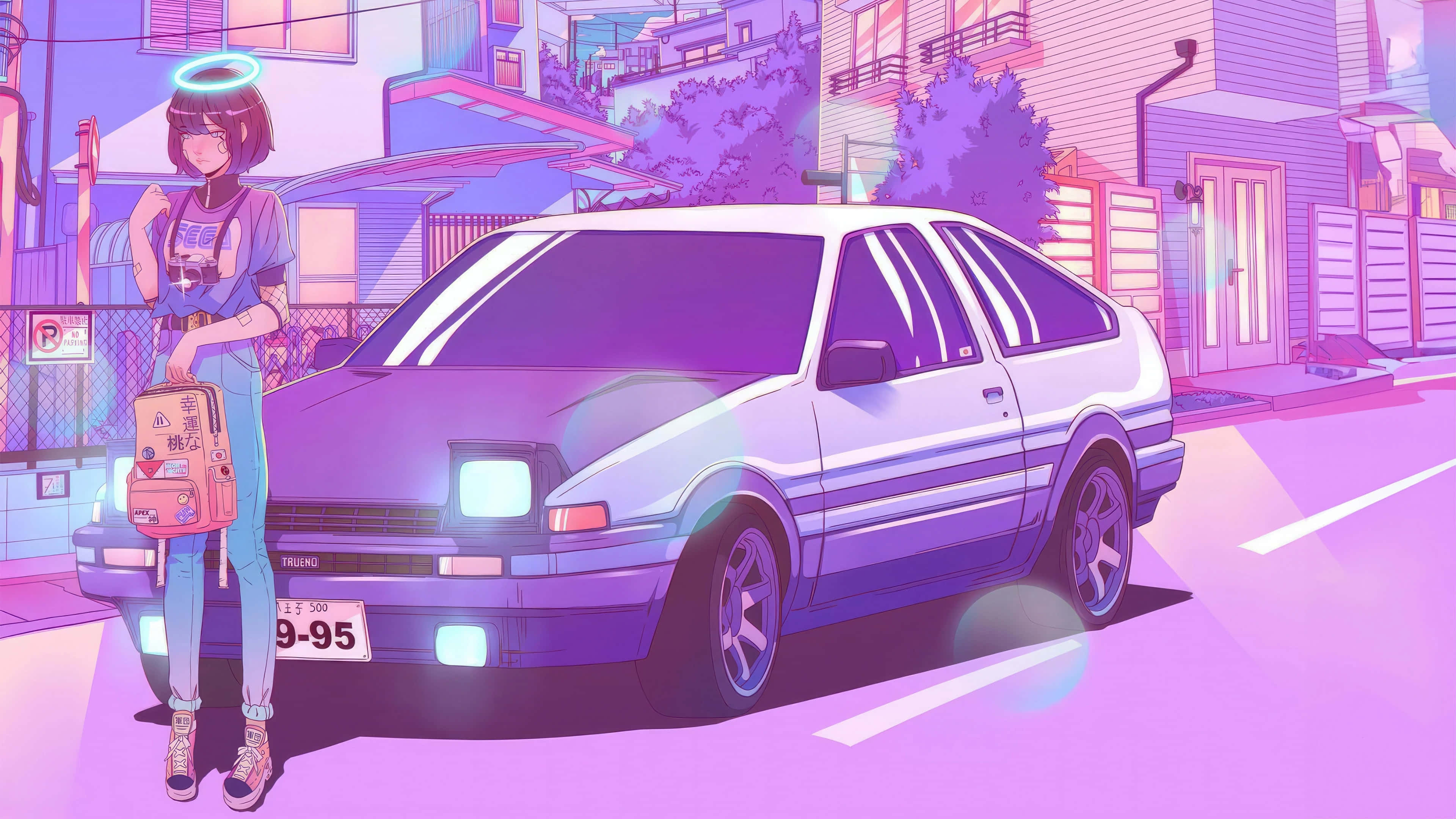 vaporwave aesthetic, anime girl, halo, 4K Desktop Wallpaper