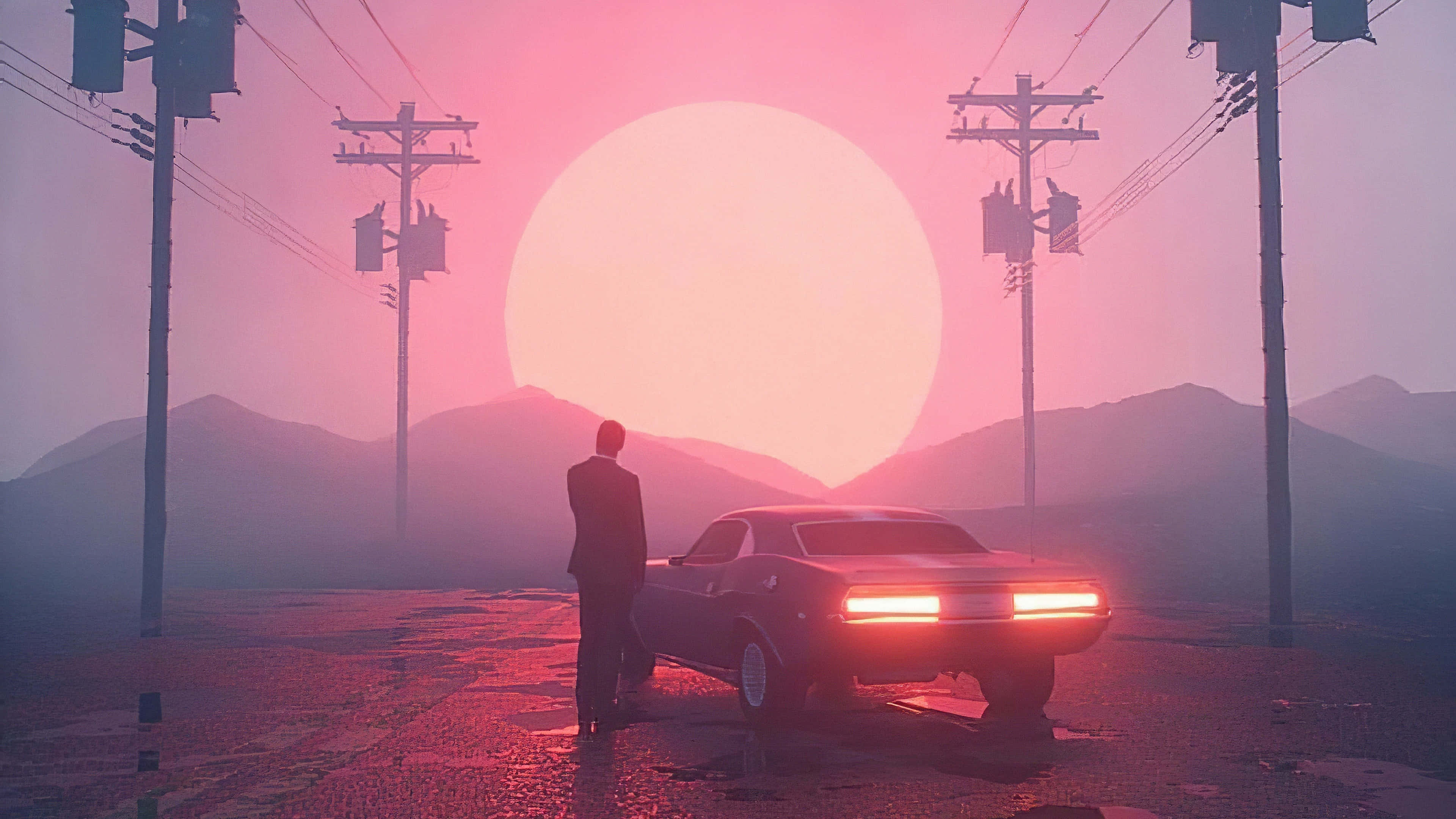 vaporwave, sunset, retro car, 4K Desktop Wallpaper
