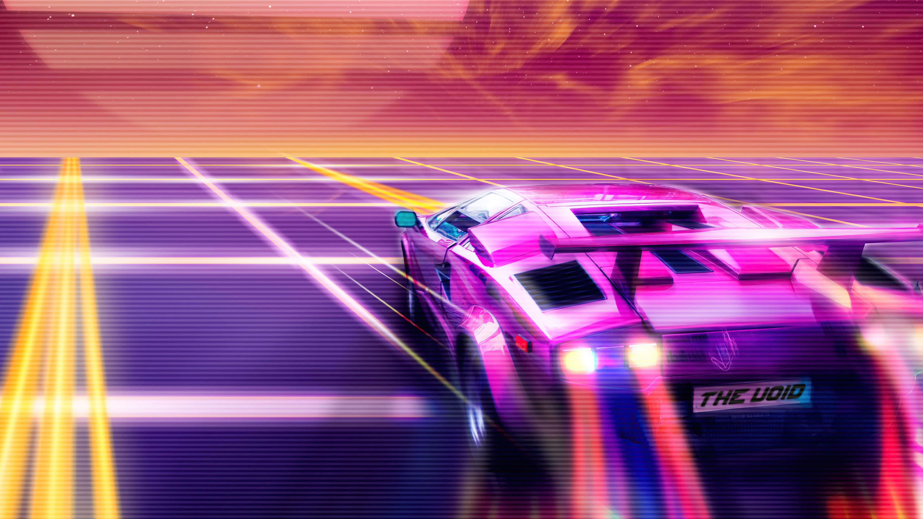 neon pink sports car, glowing grid road, fiery sunset sky, 4K Desktop Wallpaper
