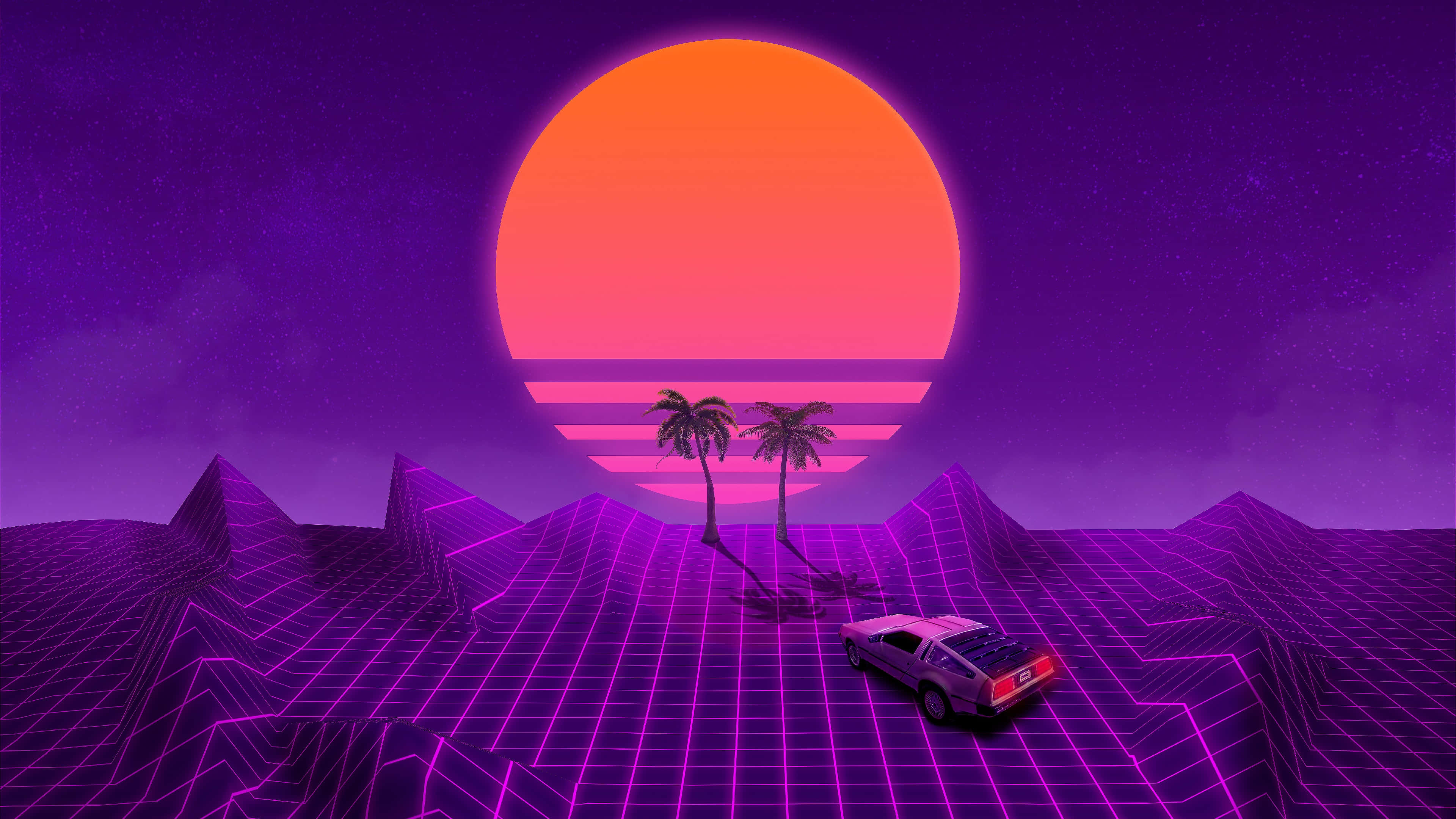 Vaporwave Sunset, retrofuturistic scene, glowing orange sun, 4K Desktop Wallpaper