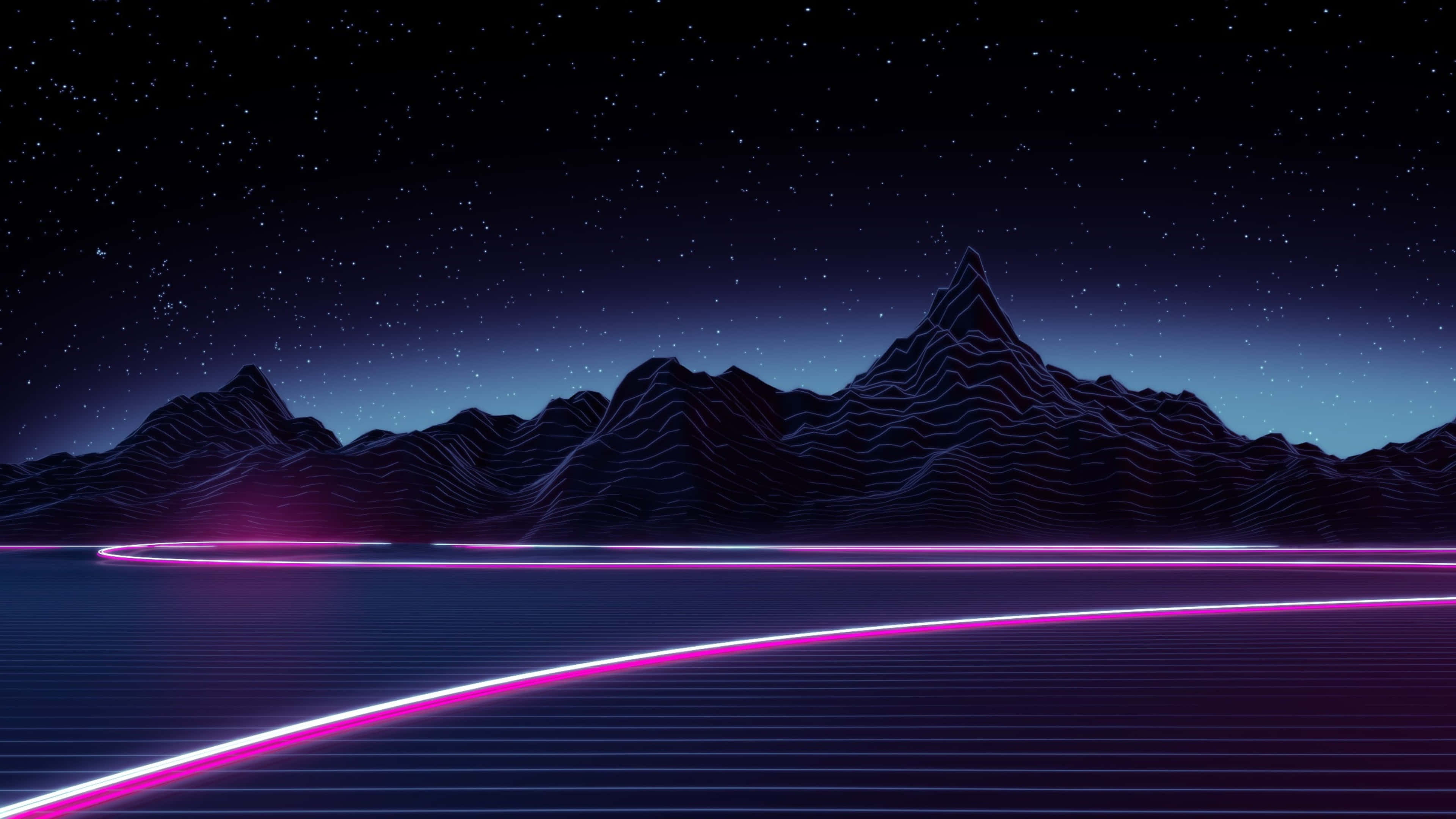 Vaporwave, Neon pink glowing lines, Dark mountain range, 4K Desktop Wallpaper