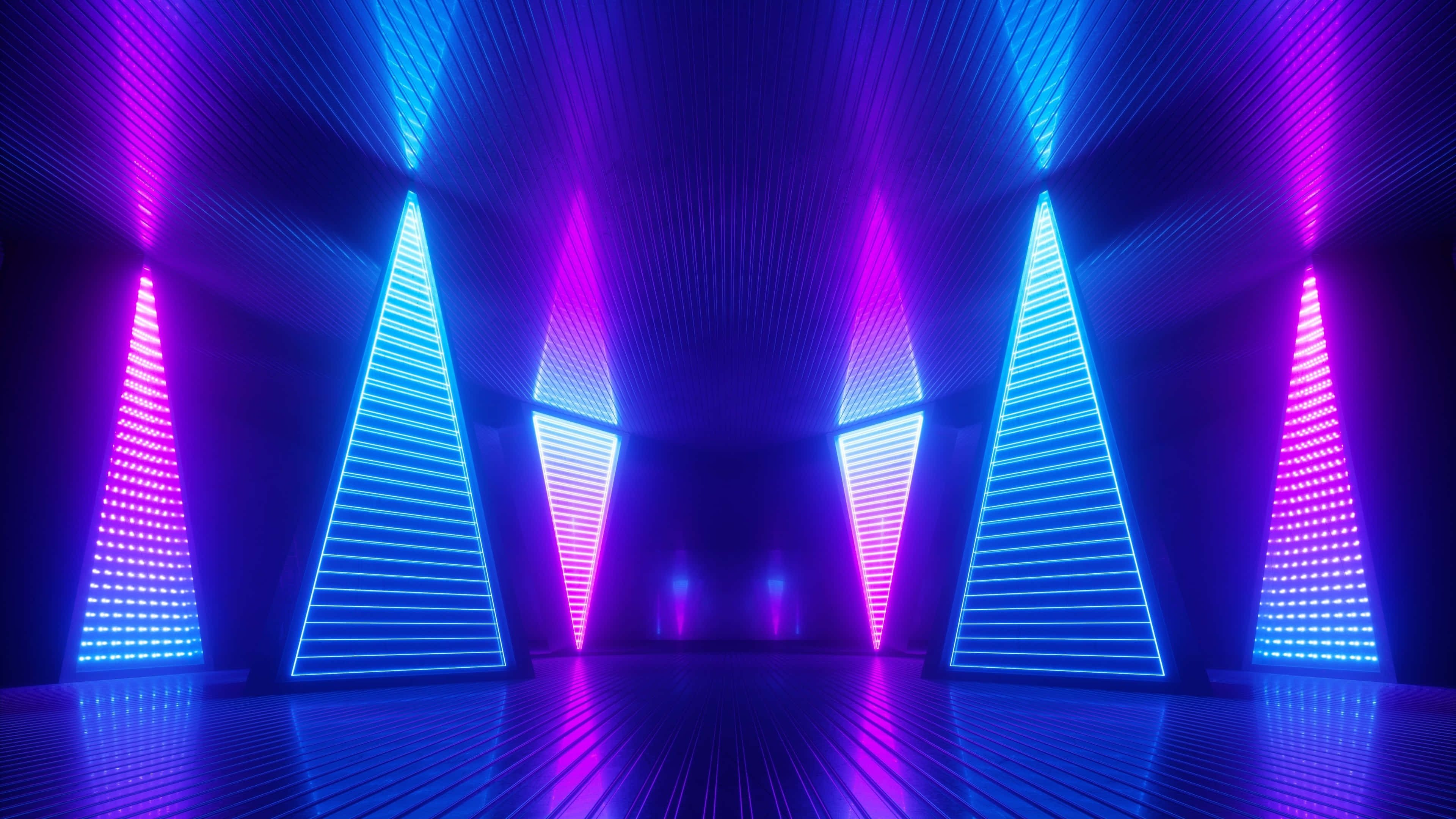 Vaporwave Triangles Neon Lights4 K U H D, neon-lit stage, glowing blue and purple triangular pillars, 4K Desktop Wallpaper