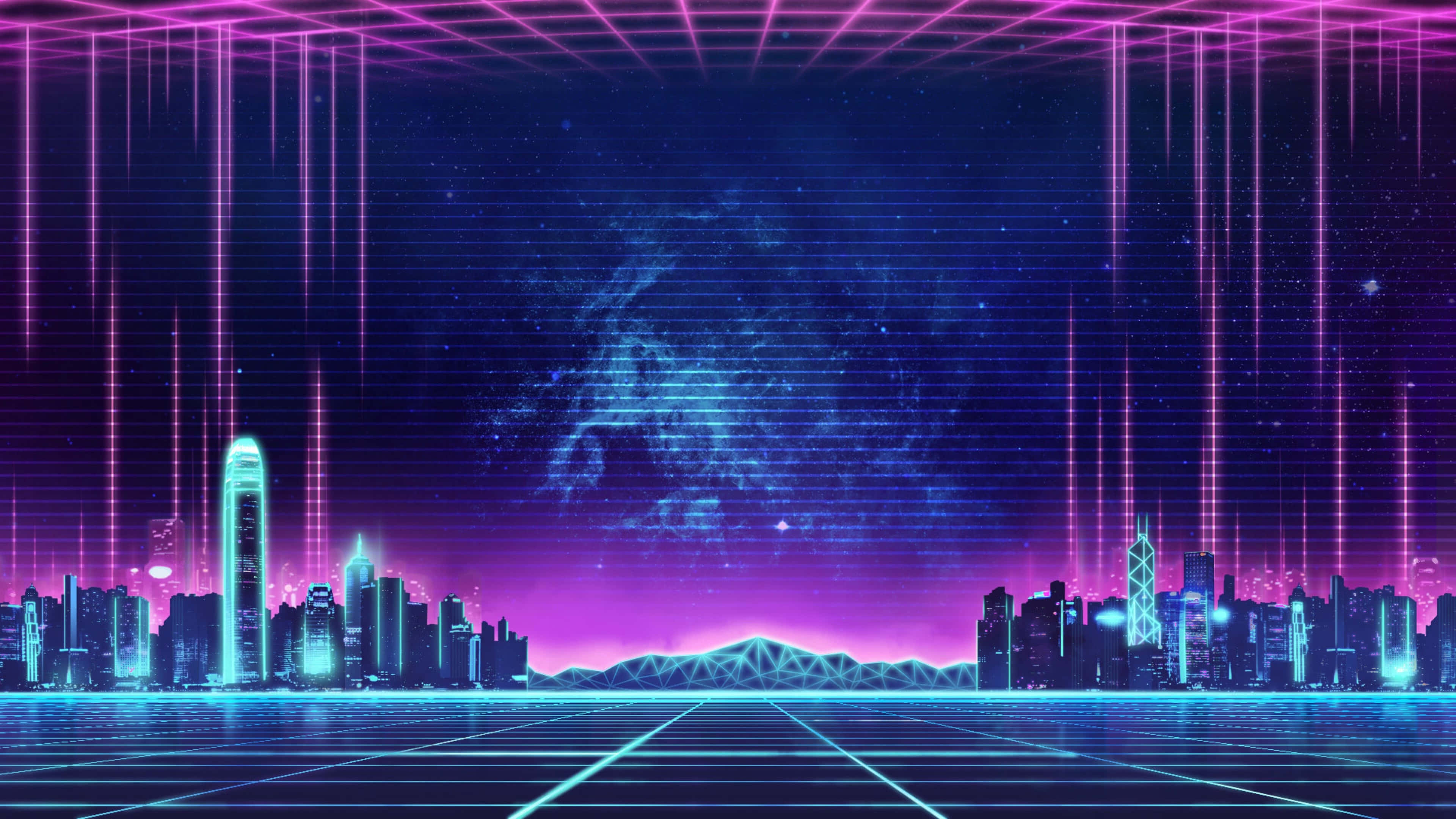 Vaporwave Cityscape, neon-drenched, cyberpunk cityscape, 4K Desktop Wallpaper