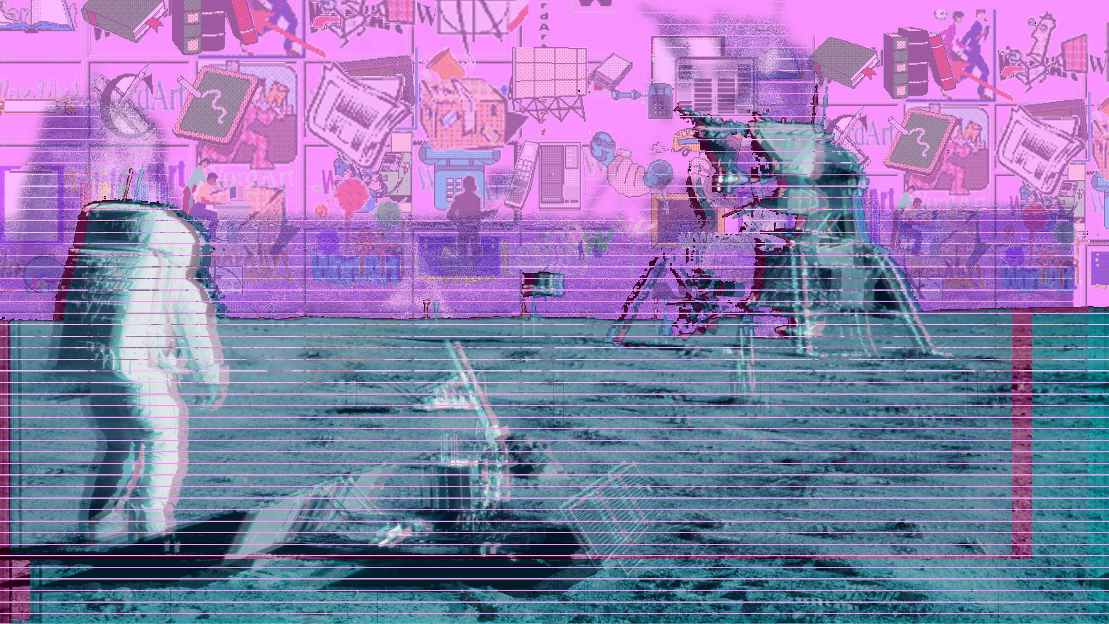 vaporwave aesthetic, glitchy astronaut, lunar rover, 4K Desktop Wallpaper