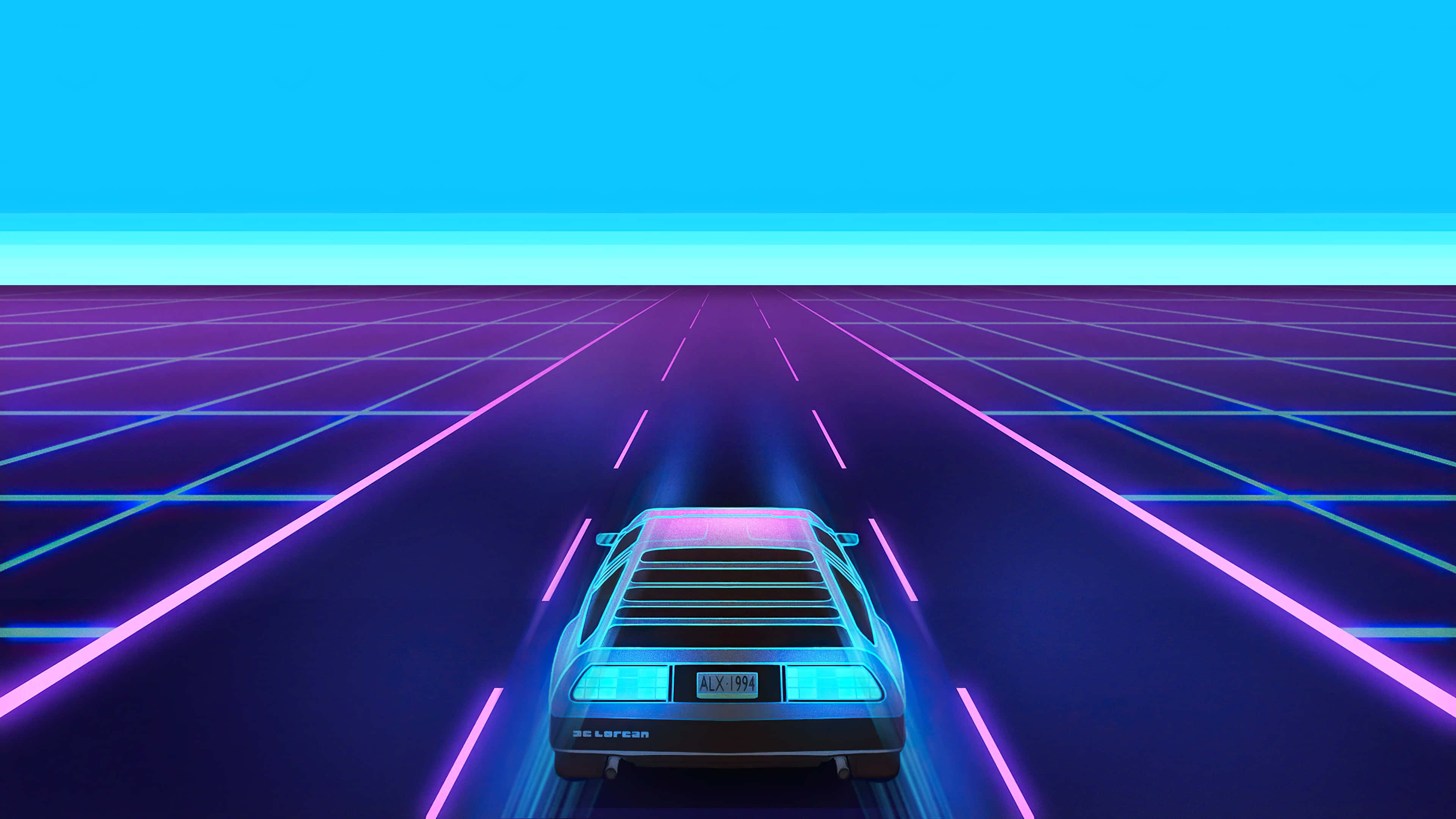 Vaporwave, retrofuturistic car, glowing neon grid, 4K Desktop Wallpaper