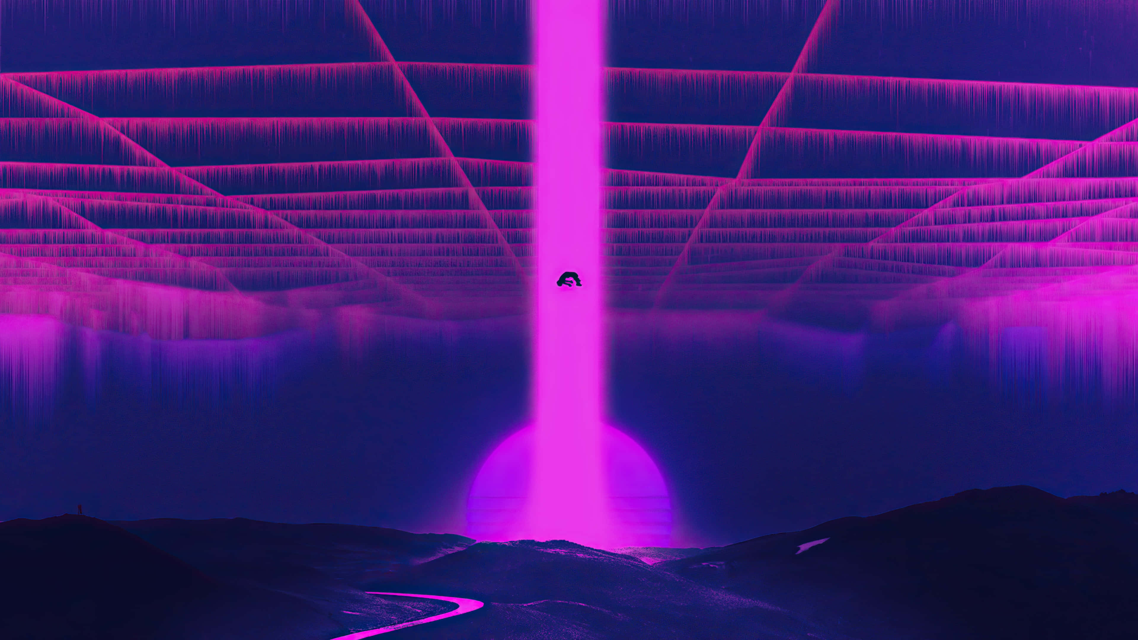 Vaporwave Landscape4 K Ultra H D, glowing pink beam, neon purple sky, 4K Desktop Wallpaper