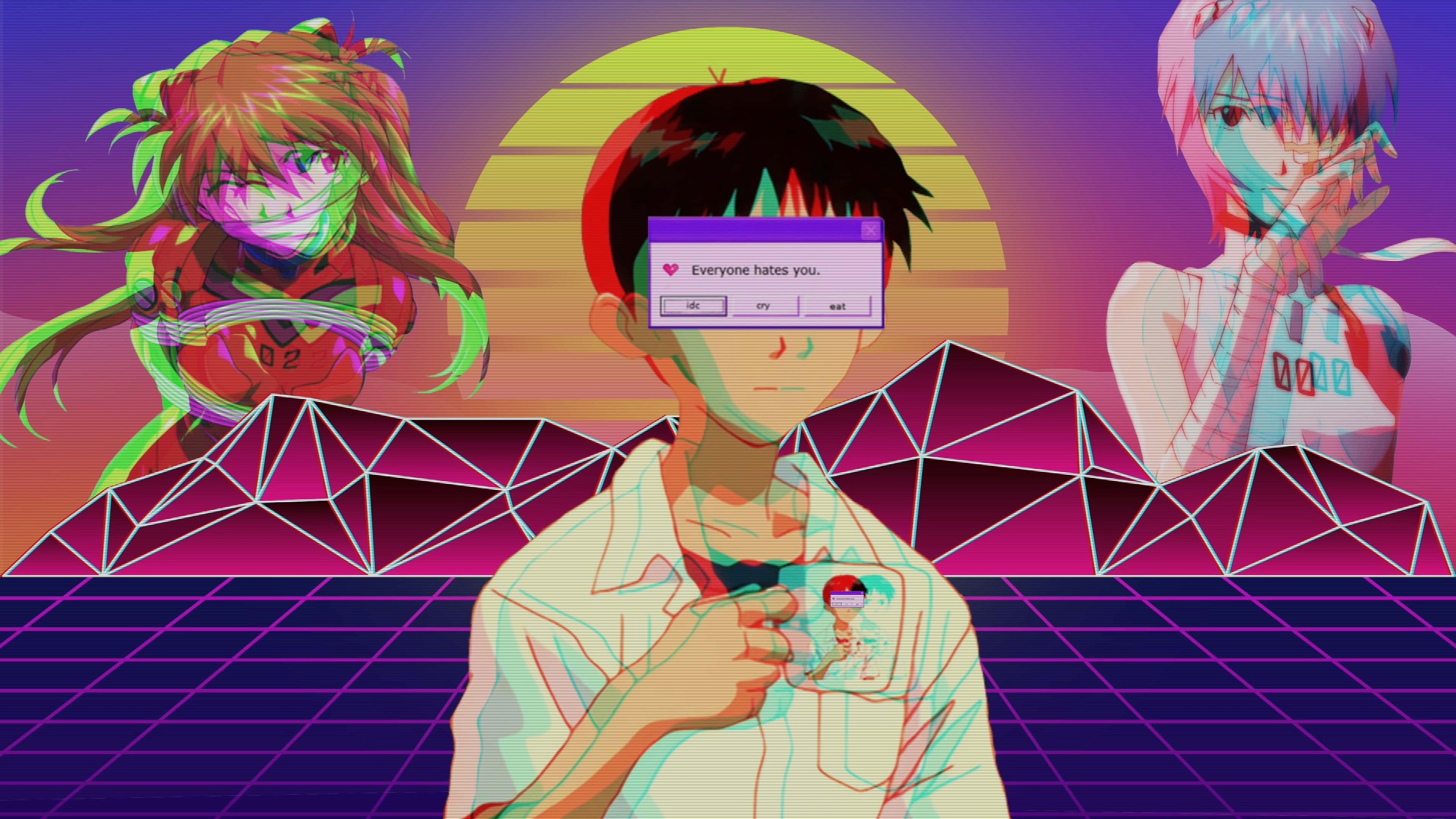 Vaporwave Aesthetic4 K Ultra H D, neon sunset, grid floor, 4K Desktop Wallpaper