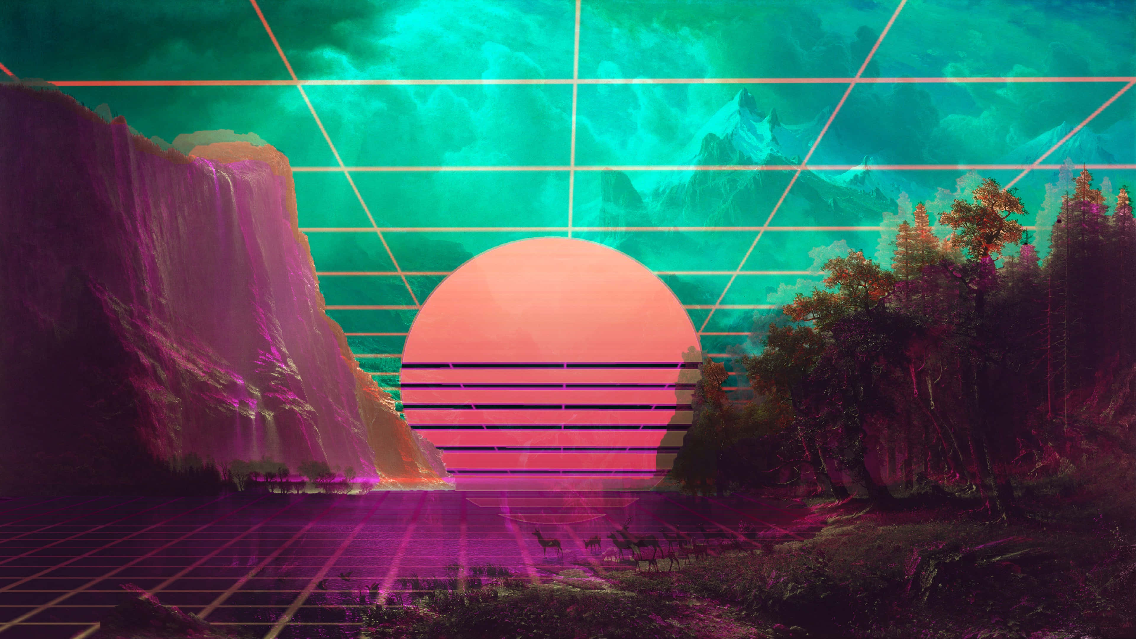Vaporwave Sunset Retro Futurism4 K U H D, neon-drenched, glowing pink sun, 4K Desktop Wallpaper