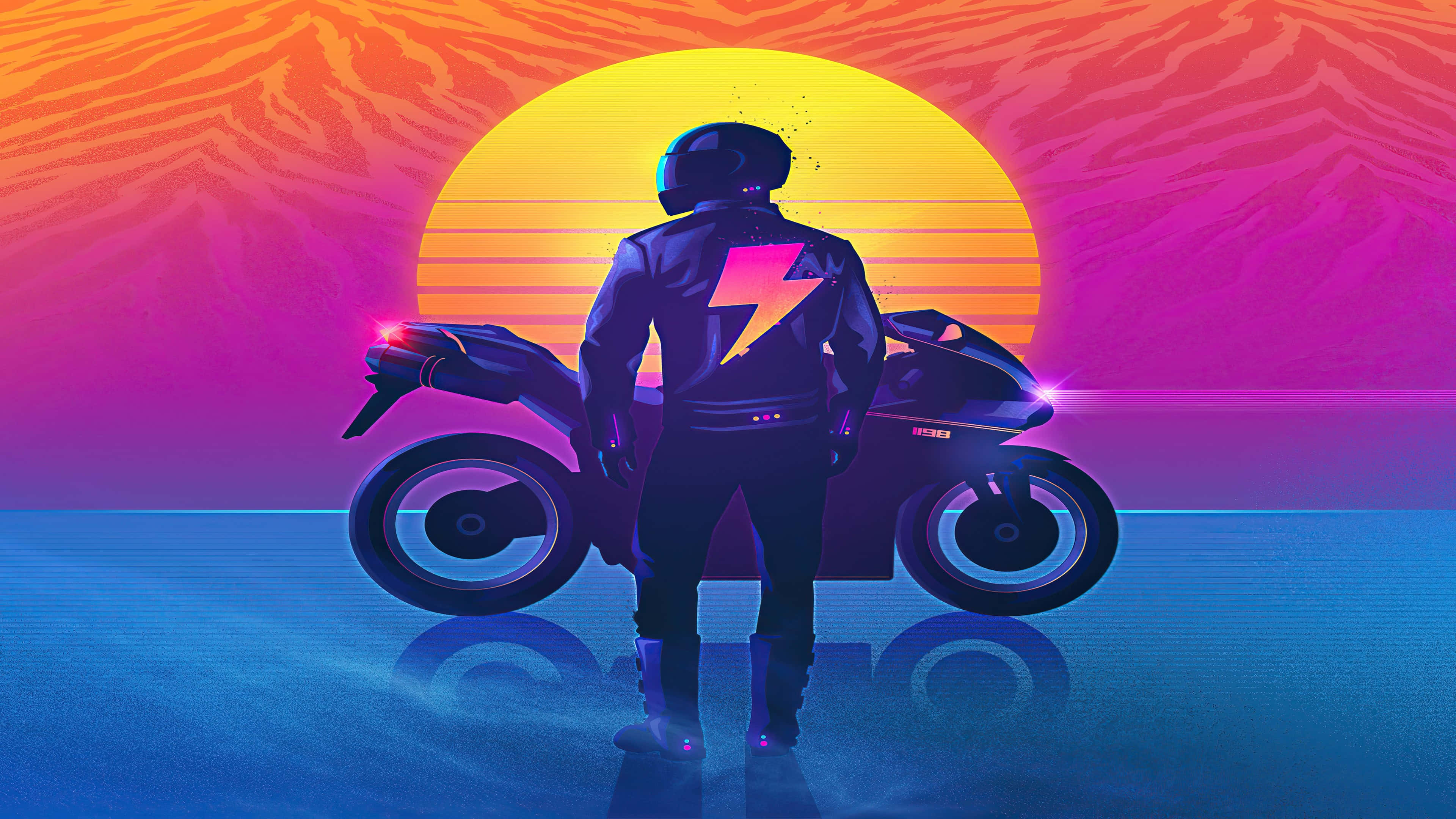 Vaporwave Rider Sunset4 K U H D, lightning bolt jacket, sportbike, 4K Desktop Wallpaper