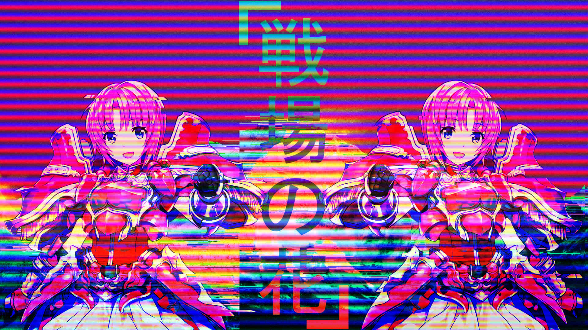 Vaporwave Anime, purple lady warrior, pink and red armor, Full HD Desktop Wallpaper