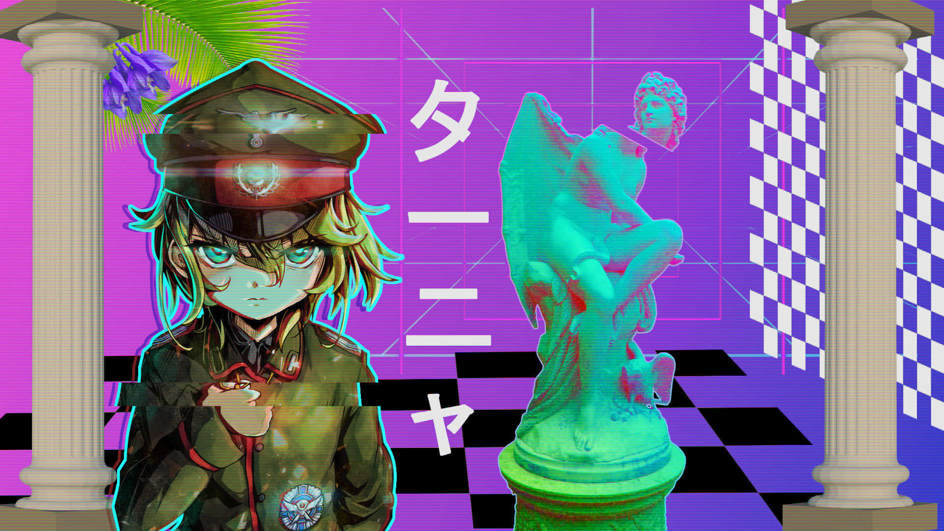 Vaporwave Anime, anime girl, military uniform, Full HD Desktop Wallpaper