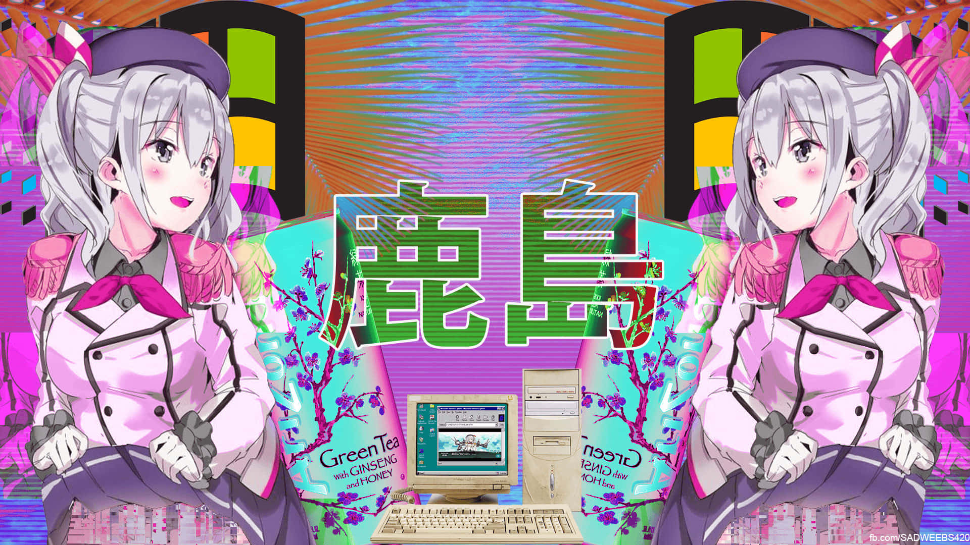 Vaporwave Anime, retro computer, pink uniforms, Full HD Desktop Wallpaper
