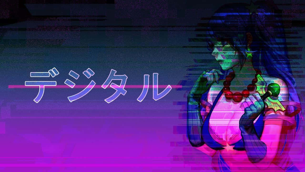 glitch-art anime girl, glowing green skin, red beads, HD Desktop Wallpaper