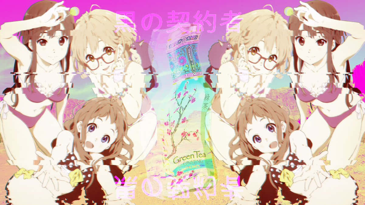 Vaporwave Swimsuit Anime Ladies, green tea bottle, cherry blossoms, SD Desktop Wallpaper