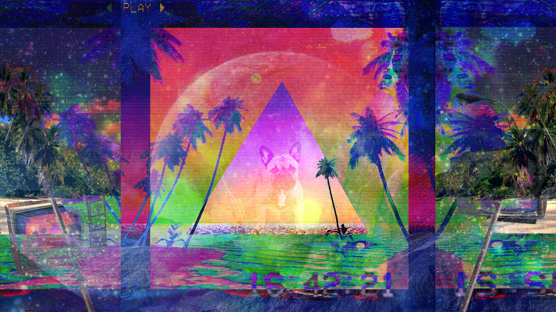 French Bulldog, vaporwave desktop, glowing triangle, Full HD Desktop Wallpaper