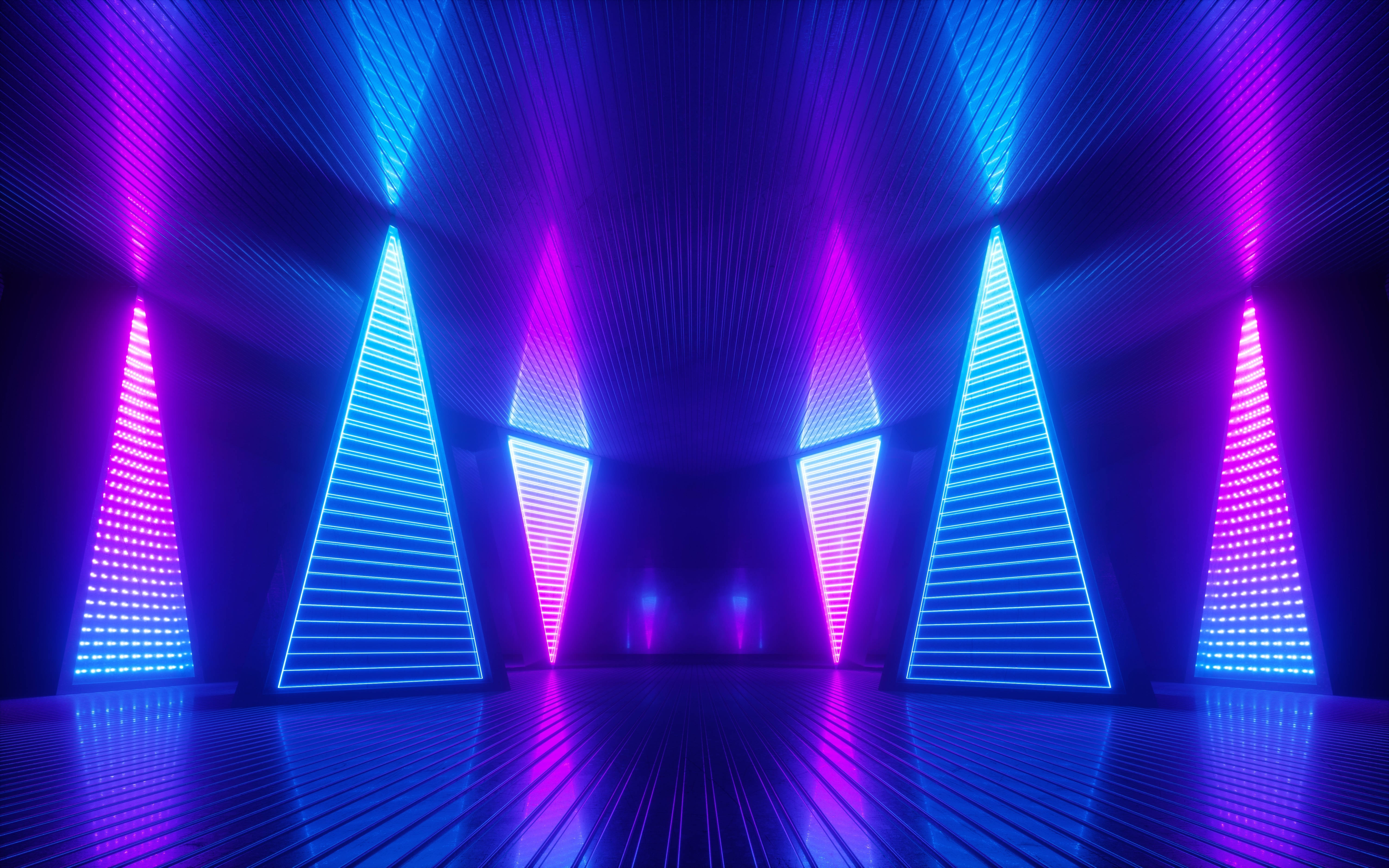 Neon Triangles, Vaporwave Desktop, glowing blue, 5K Desktop Wallpaper