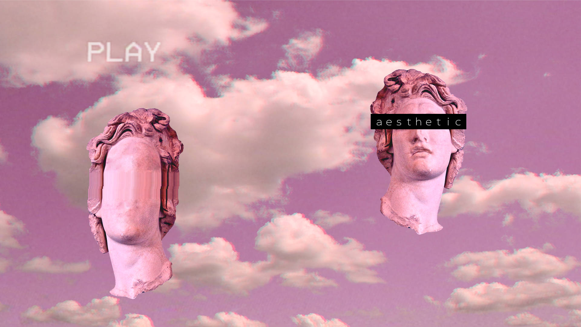 pink sky, classical marble busts, fluffy clouds, Full HD Desktop Wallpaper