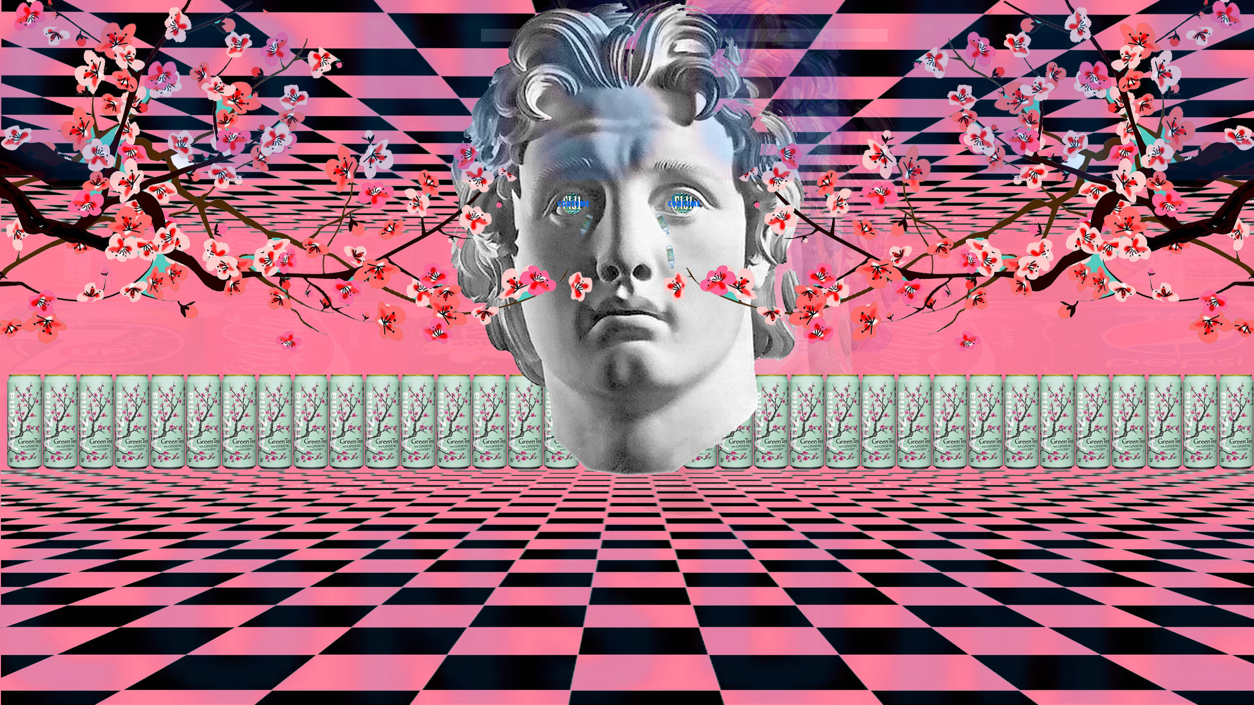 marble bust, pink and black checkered floor, cherry blossom branches, 2K Desktop Wallpaper
