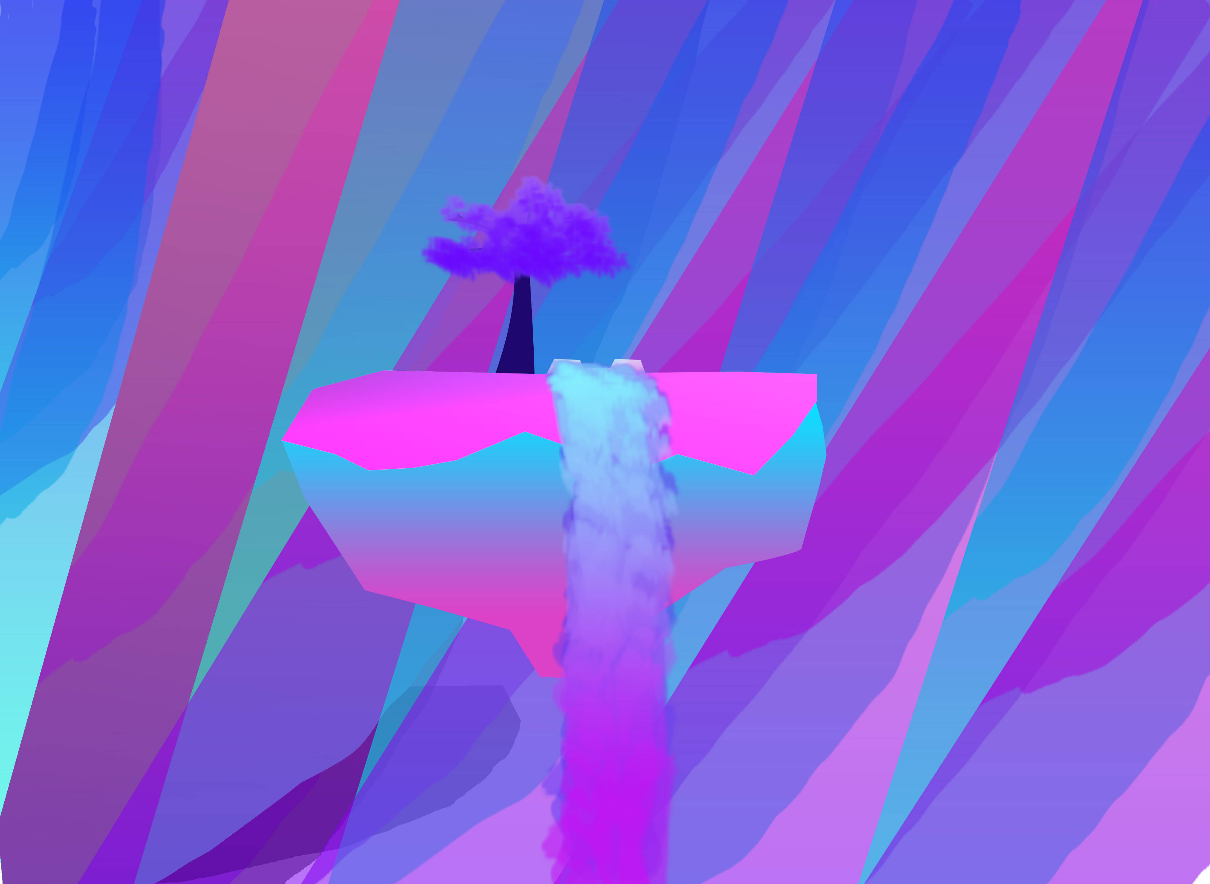 purple tree, floating pink platform, waterfall, 4K Desktop Wallpaper