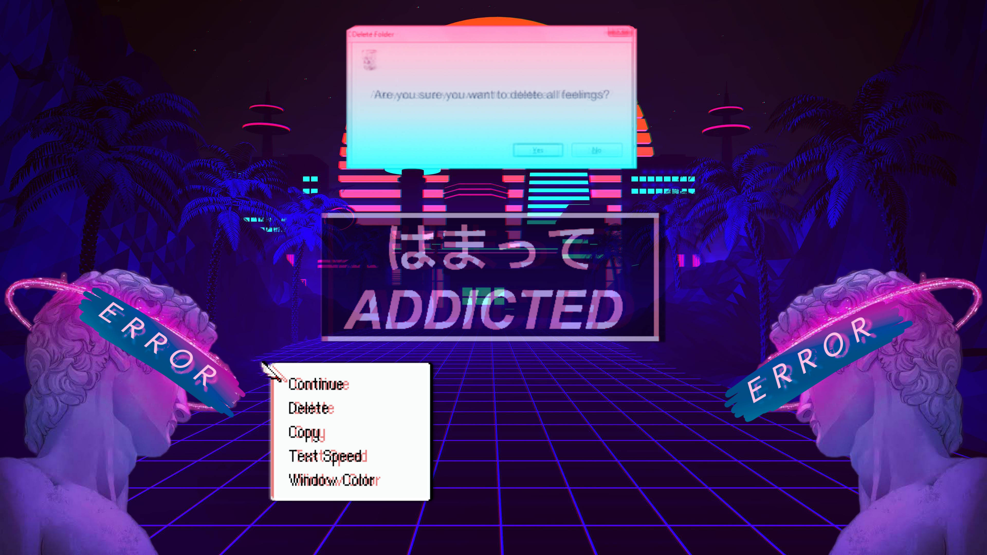 Addicted Vaporwave Desktop, neon-drenched, retro-futuristic scene, 4K Desktop Wallpaper