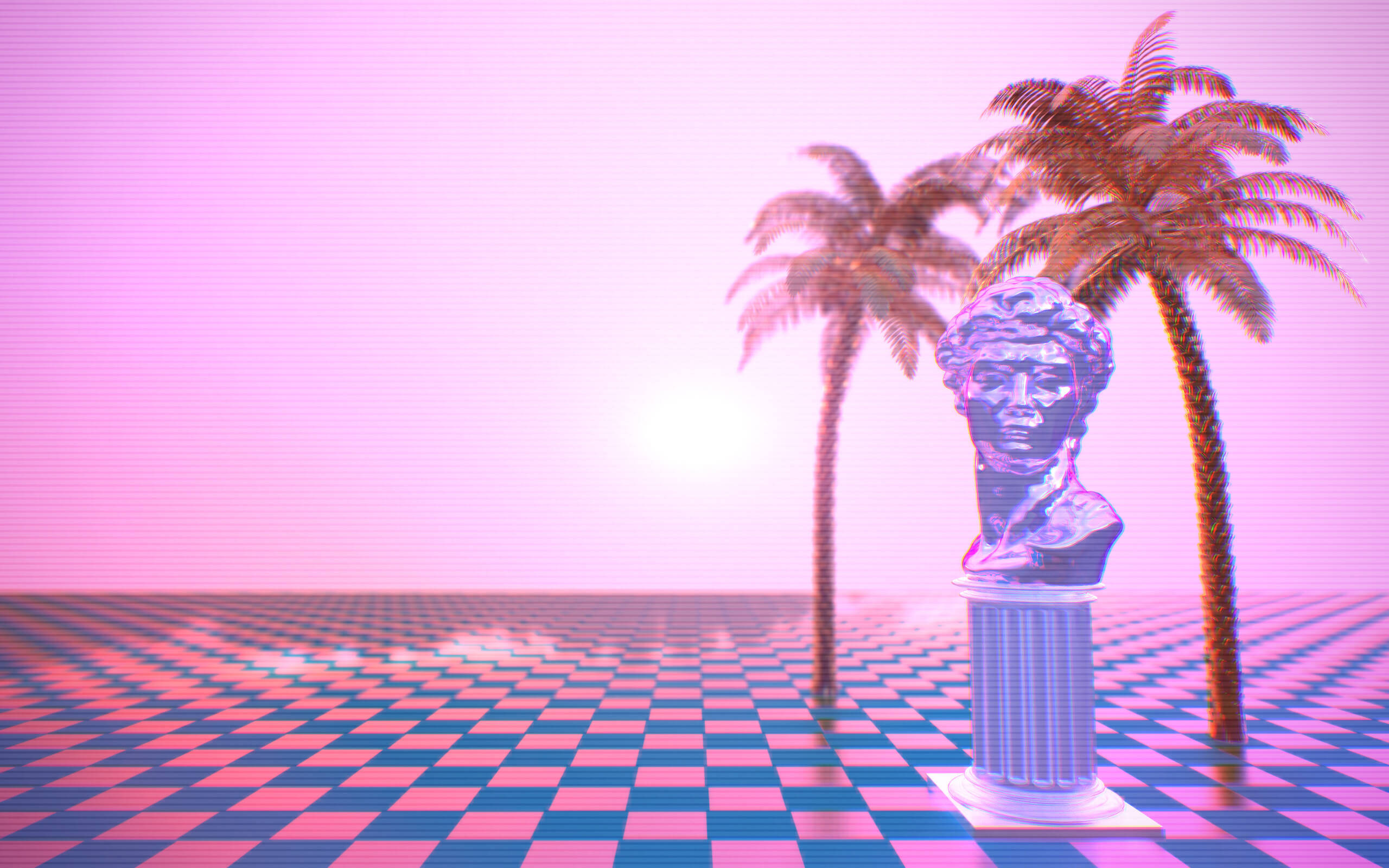 classical bust, pedestal, palm trees, 2K Desktop Wallpaper