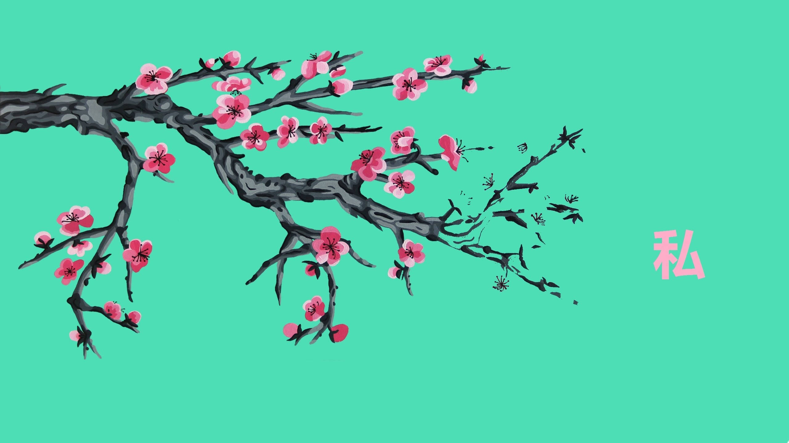Cherry Blossoms Branch, vaporwave desktop, mint green background, 2K Desktop Wallpaper