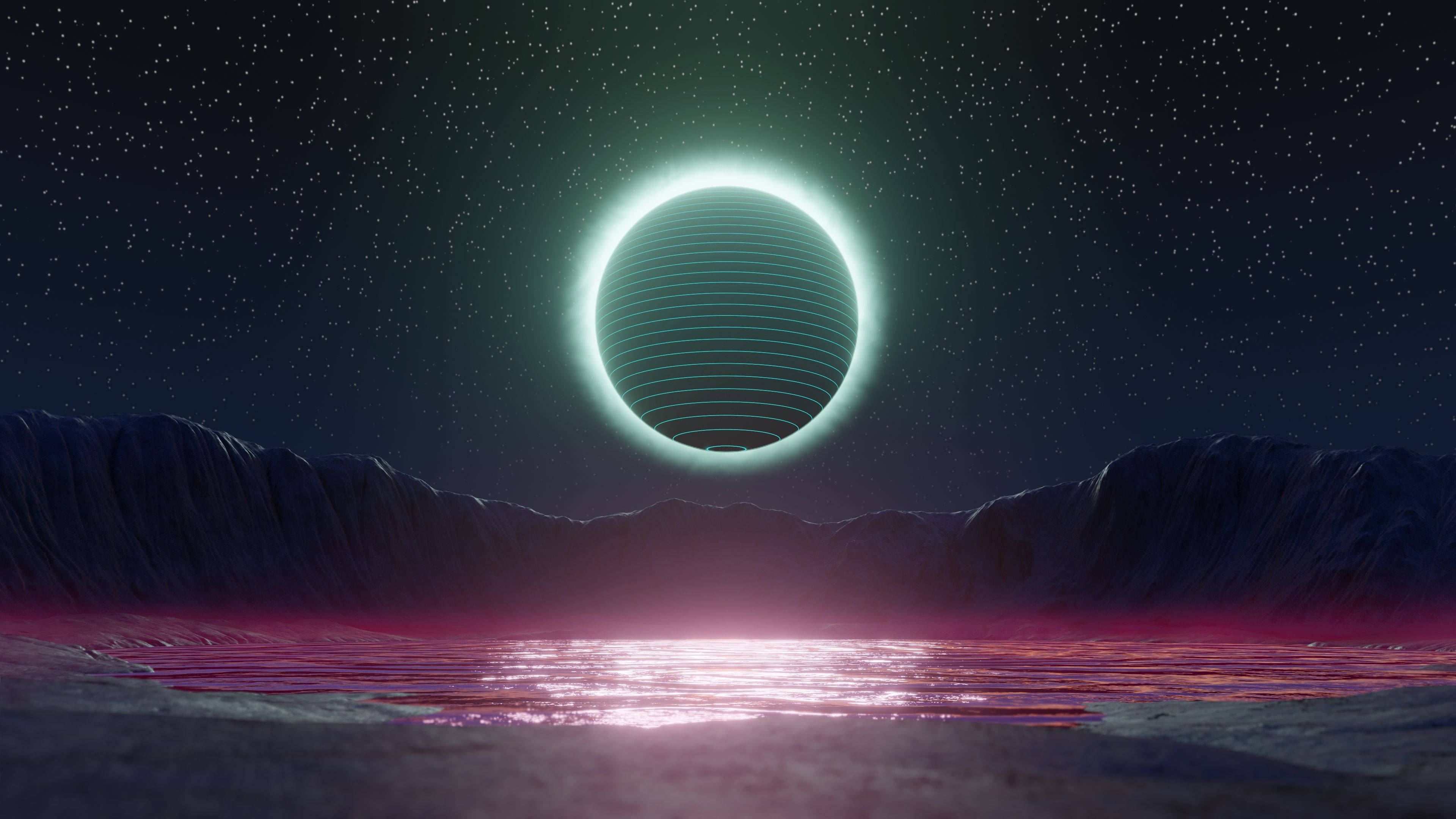 glowing neon planet, reflective pink water surface, dark mountains, 4K Desktop Wallpaper