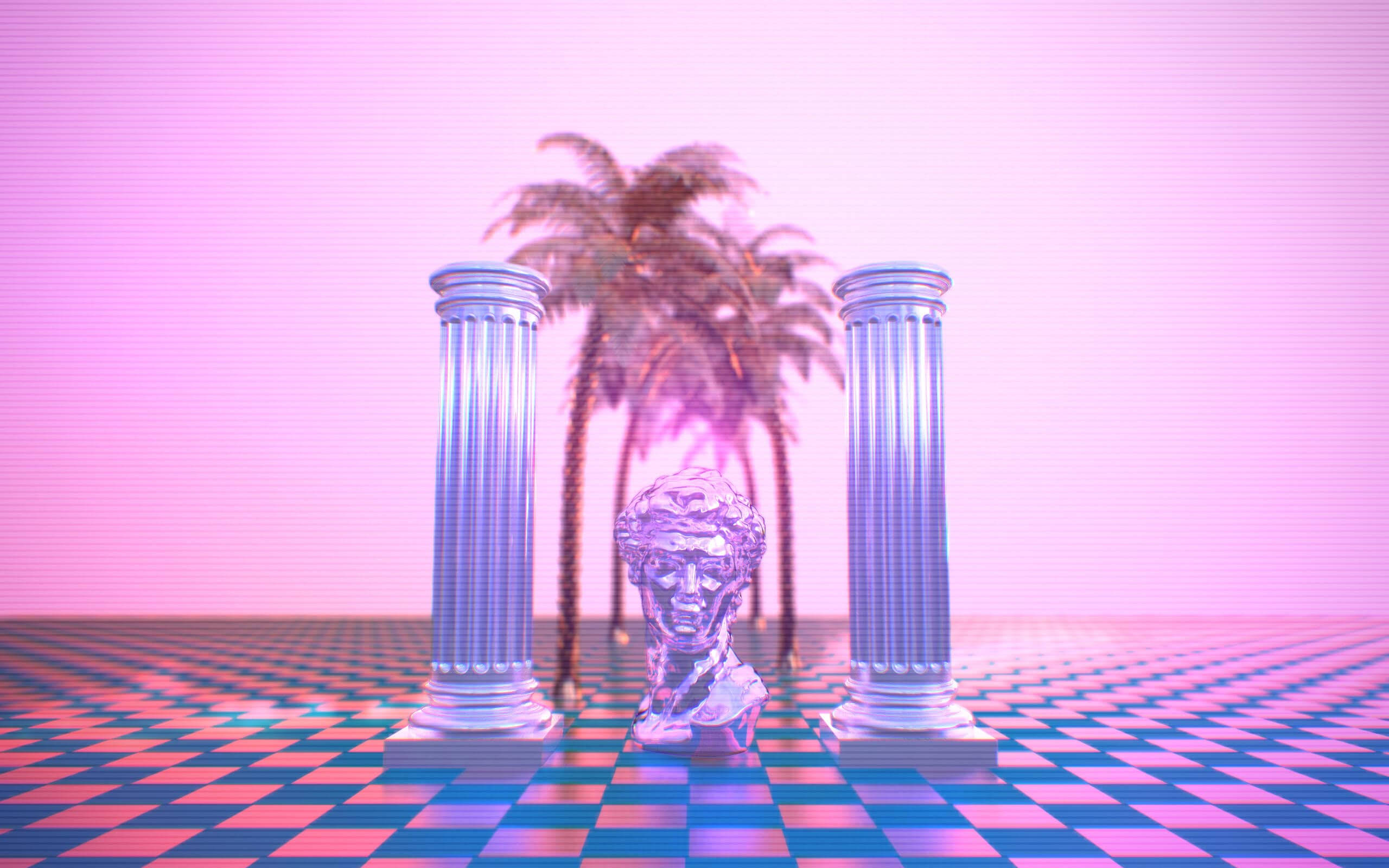 glowing purple classical bust, two pillars, checkered floor, 2K Desktop Wallpaper