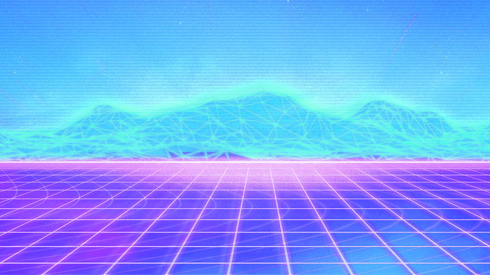 neon grid floor, glowing polygonal mountains, gradient sky, Full HD Desktop Wallpaper